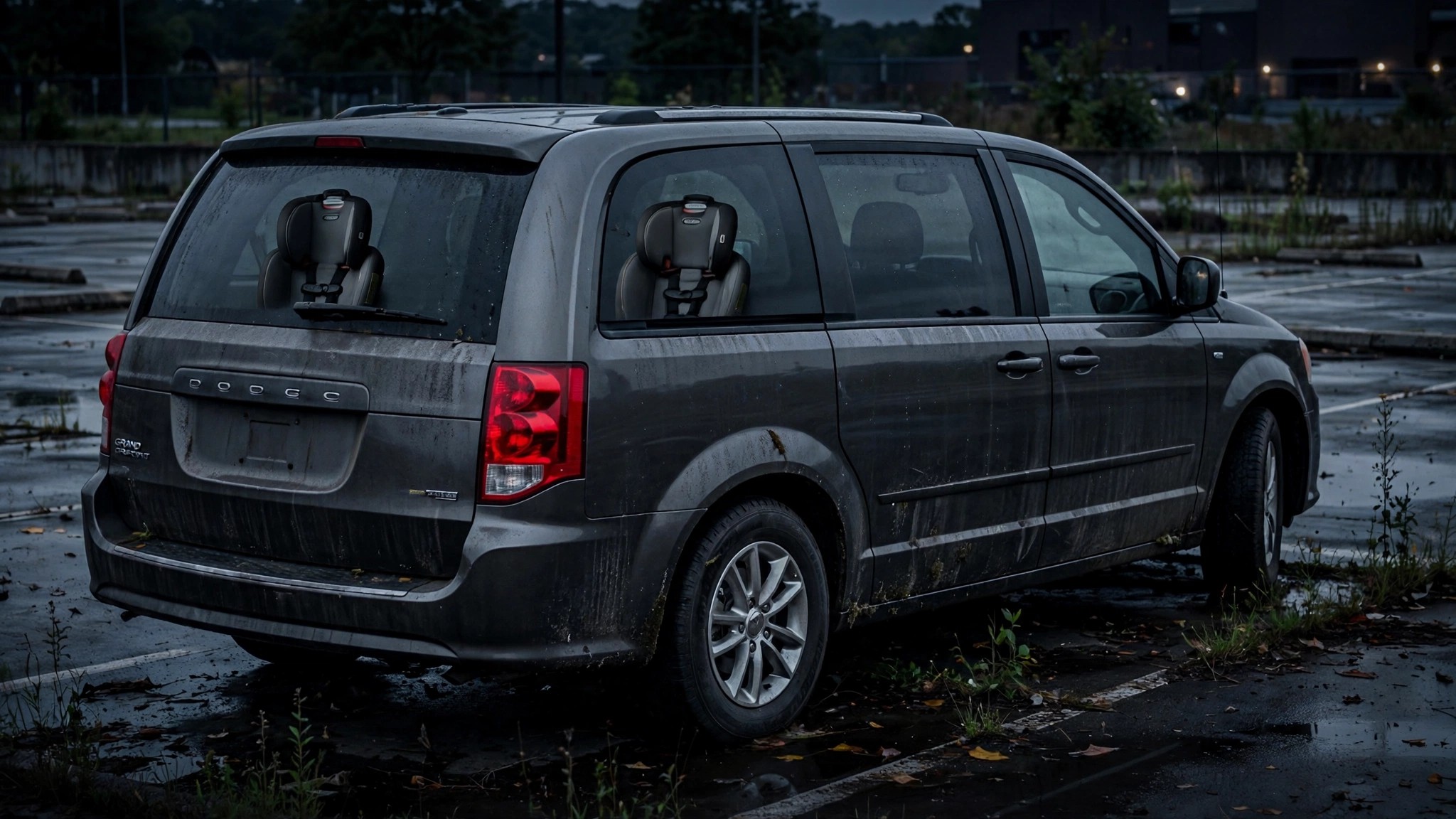 Weathered Dodge Grand Caravan in a dimly lit parking lot at dusk