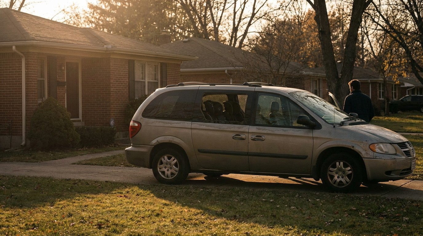 Dodge Grand Caravan minivan in a suburban driveway at golden hour