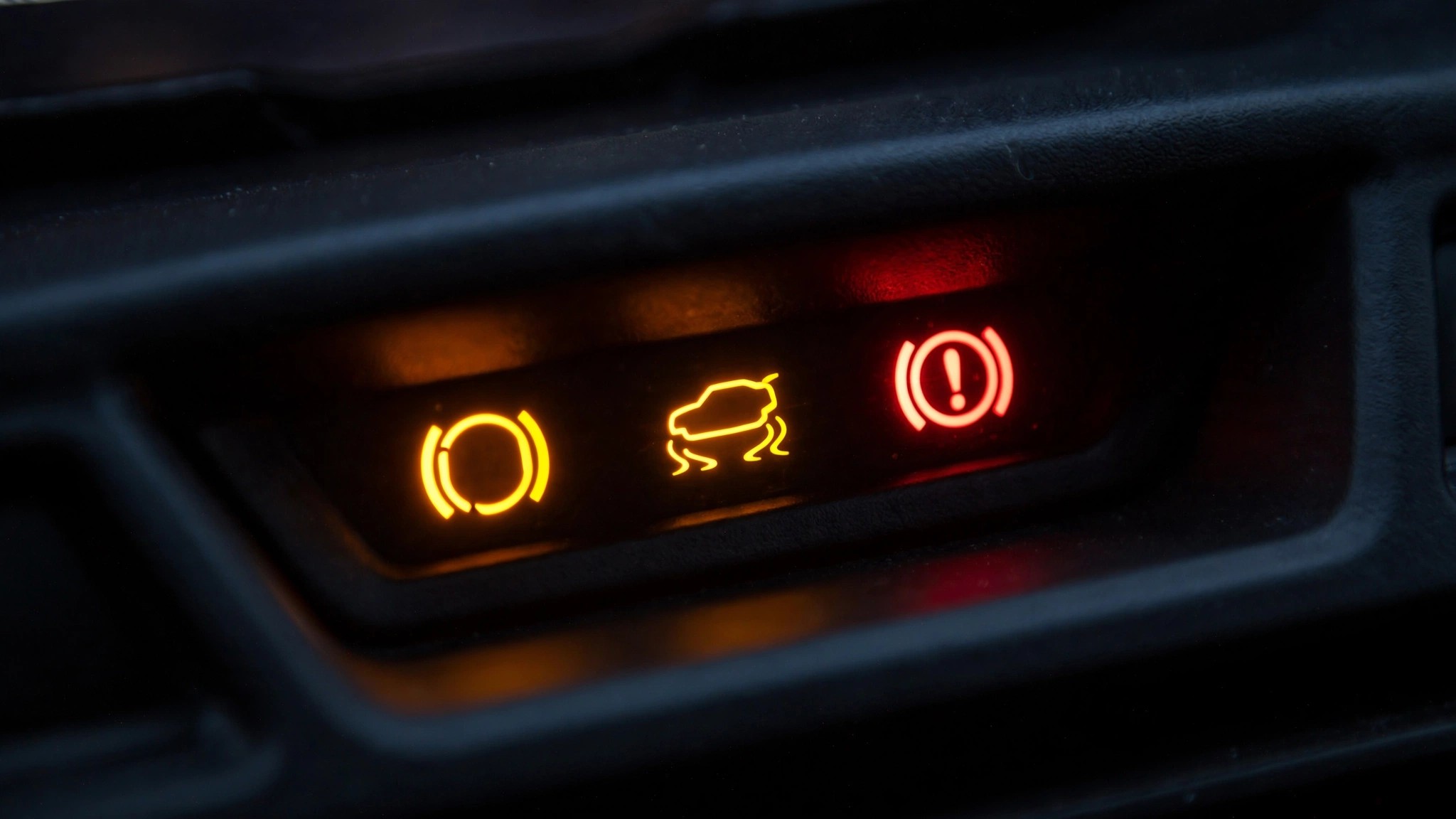 SUV dashboard with multiple warning lights illuminated showing ESC and brake system failures