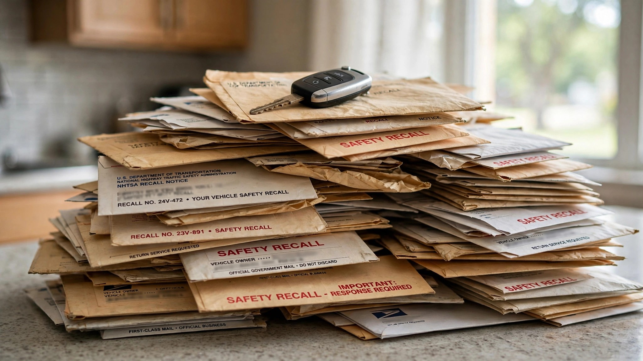 A pile of unopened recall notification letters on a kitchen counter with a car key on top