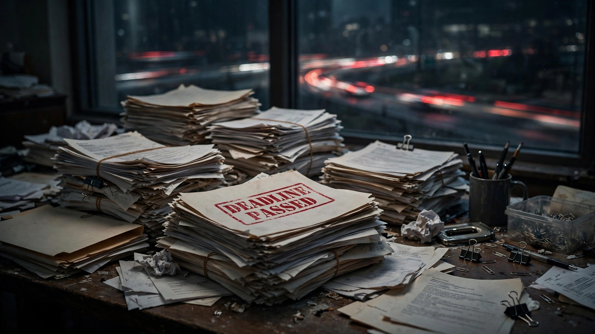 Government desk buried in regulatory papers with highway traffic visible through window