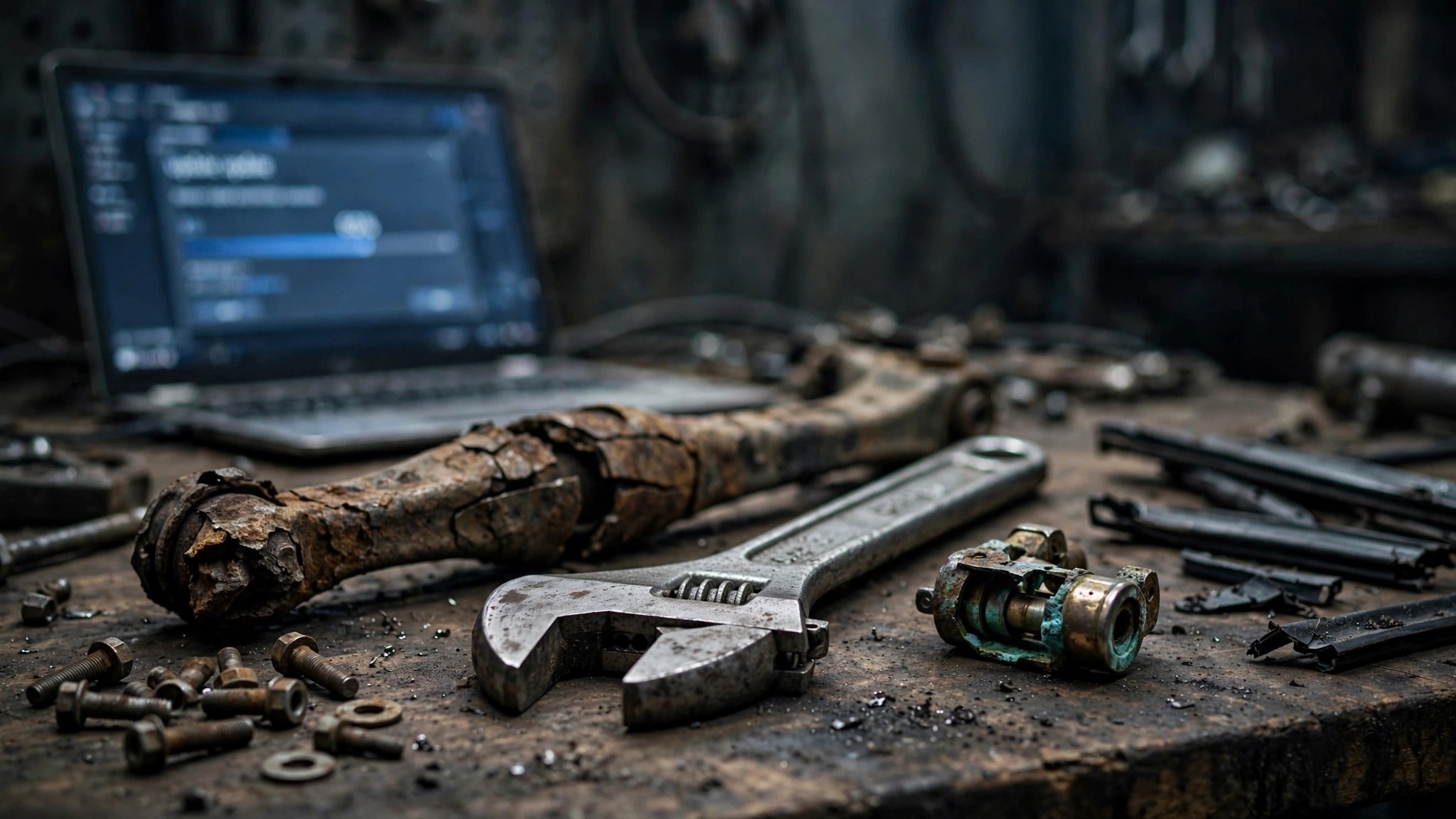 A mechanic workbench covered with broken automotive hardware parts and a wrench