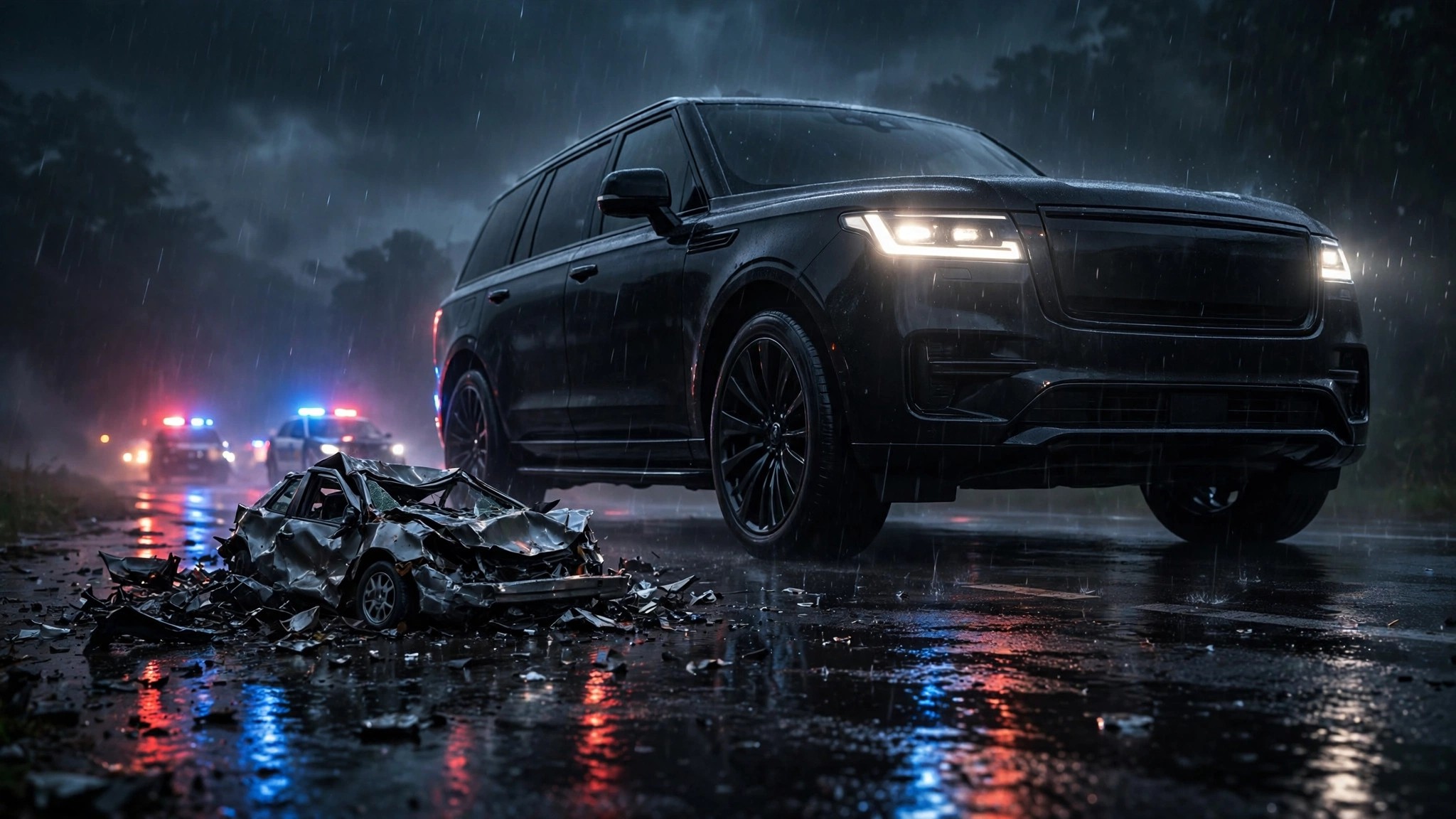 Large luxury SUV towering over a crushed compact car on a dark road