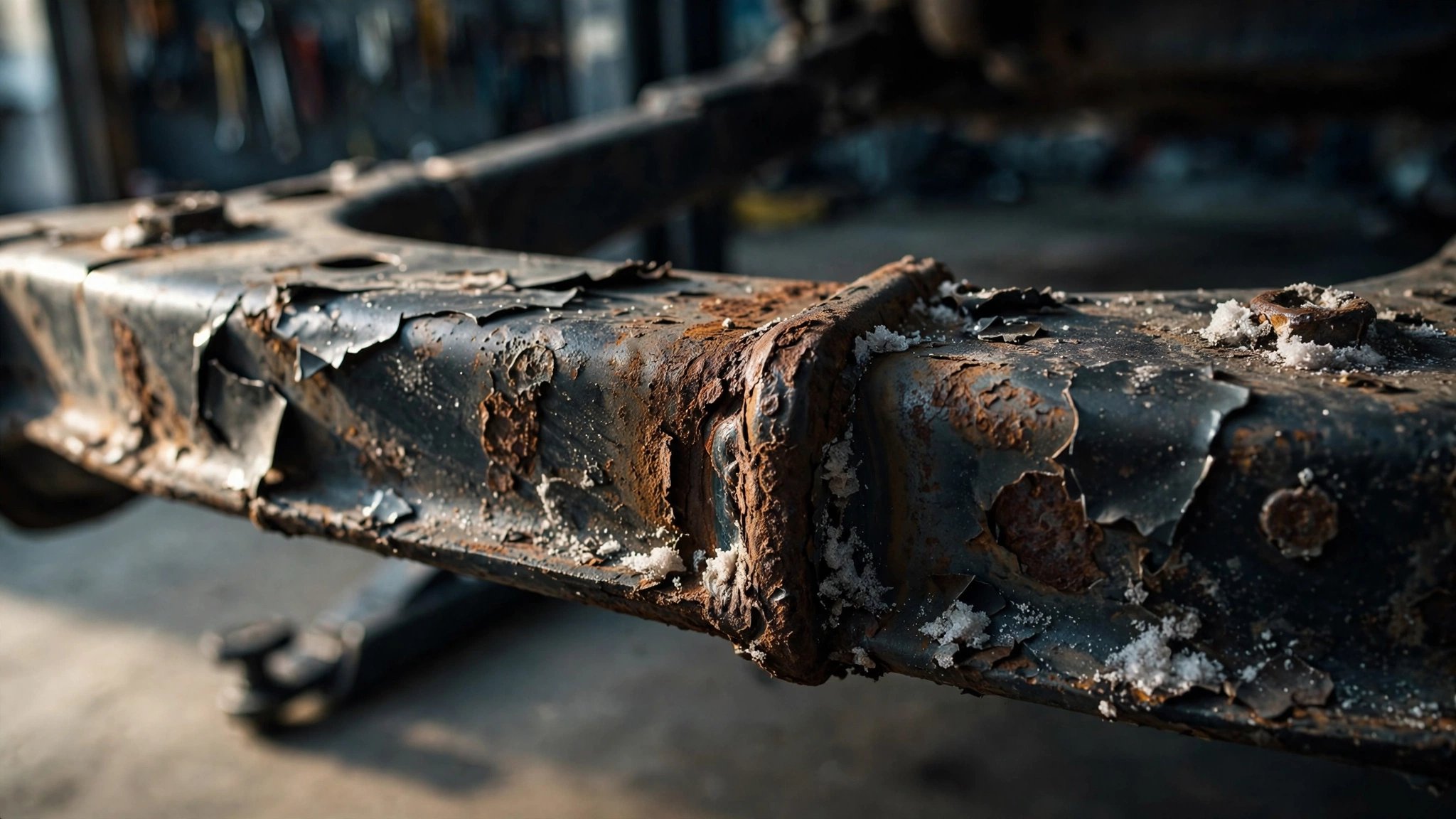 Corroded rear subframe mounting point on a Honda with peeling paint and rust at the weld area