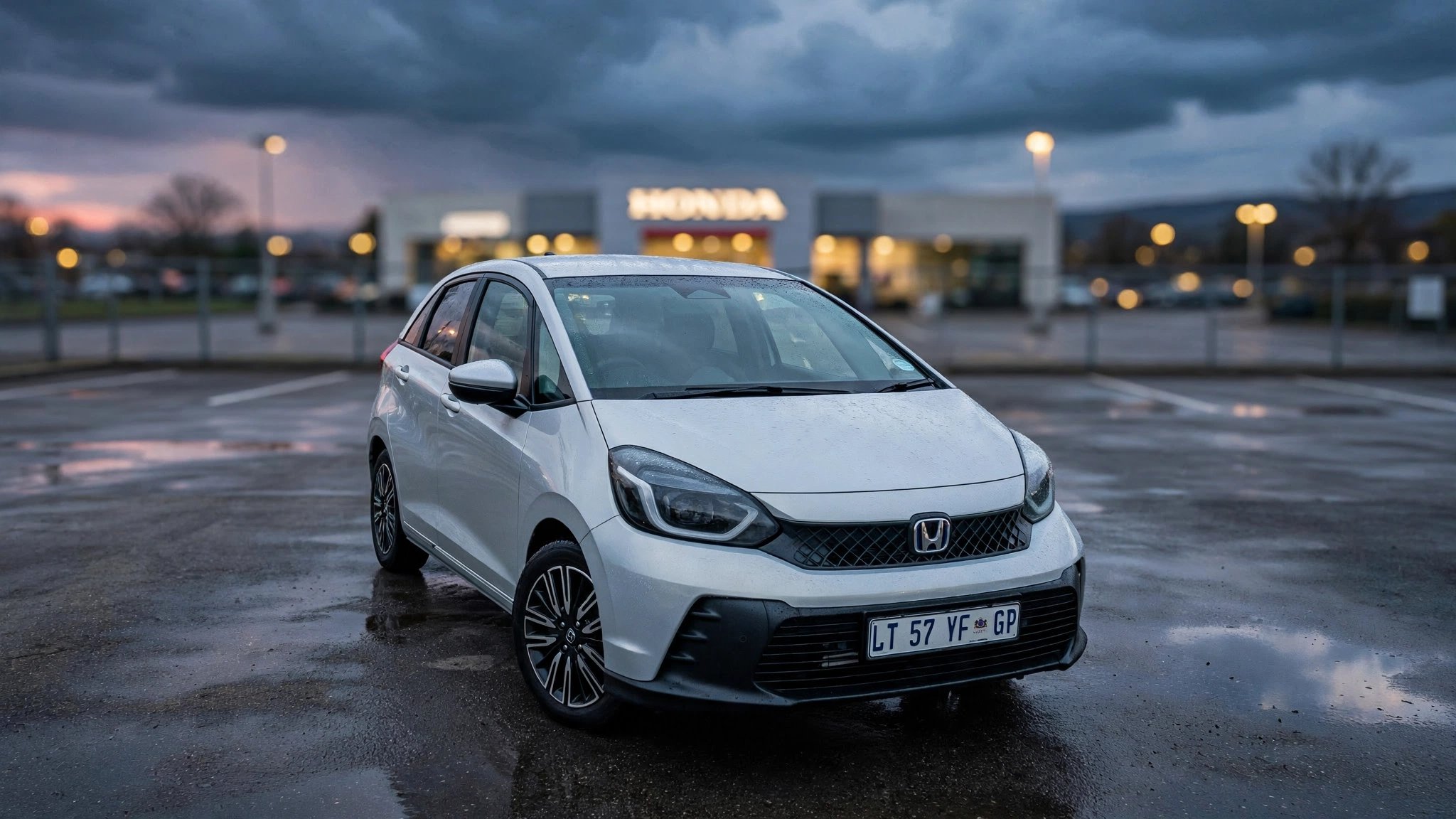 A Honda Fit parked alone in an empty dealership lot at dusk