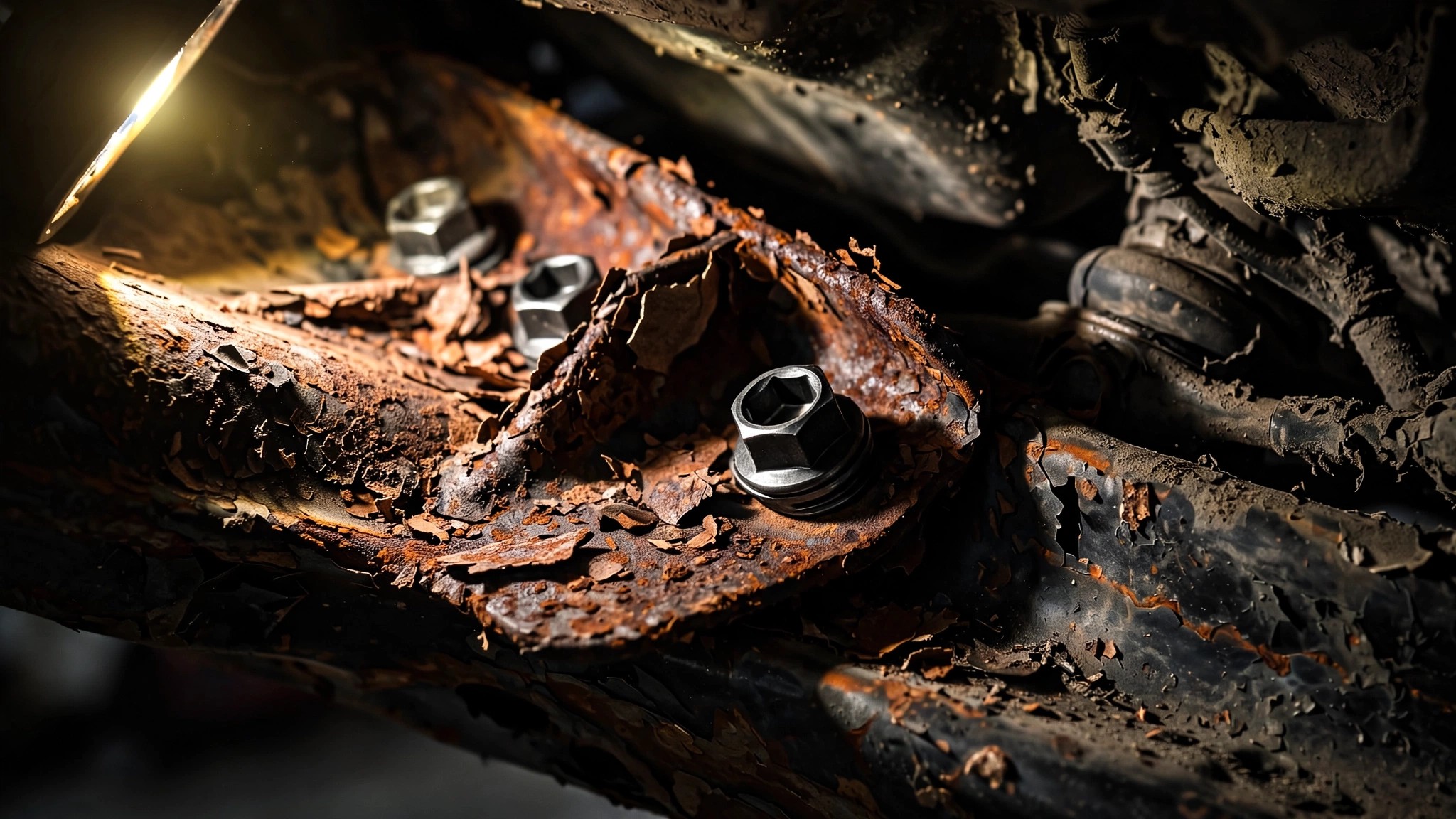 Corroded steel subframe with rust scaling at suspension mounting points under a Honda SUV
