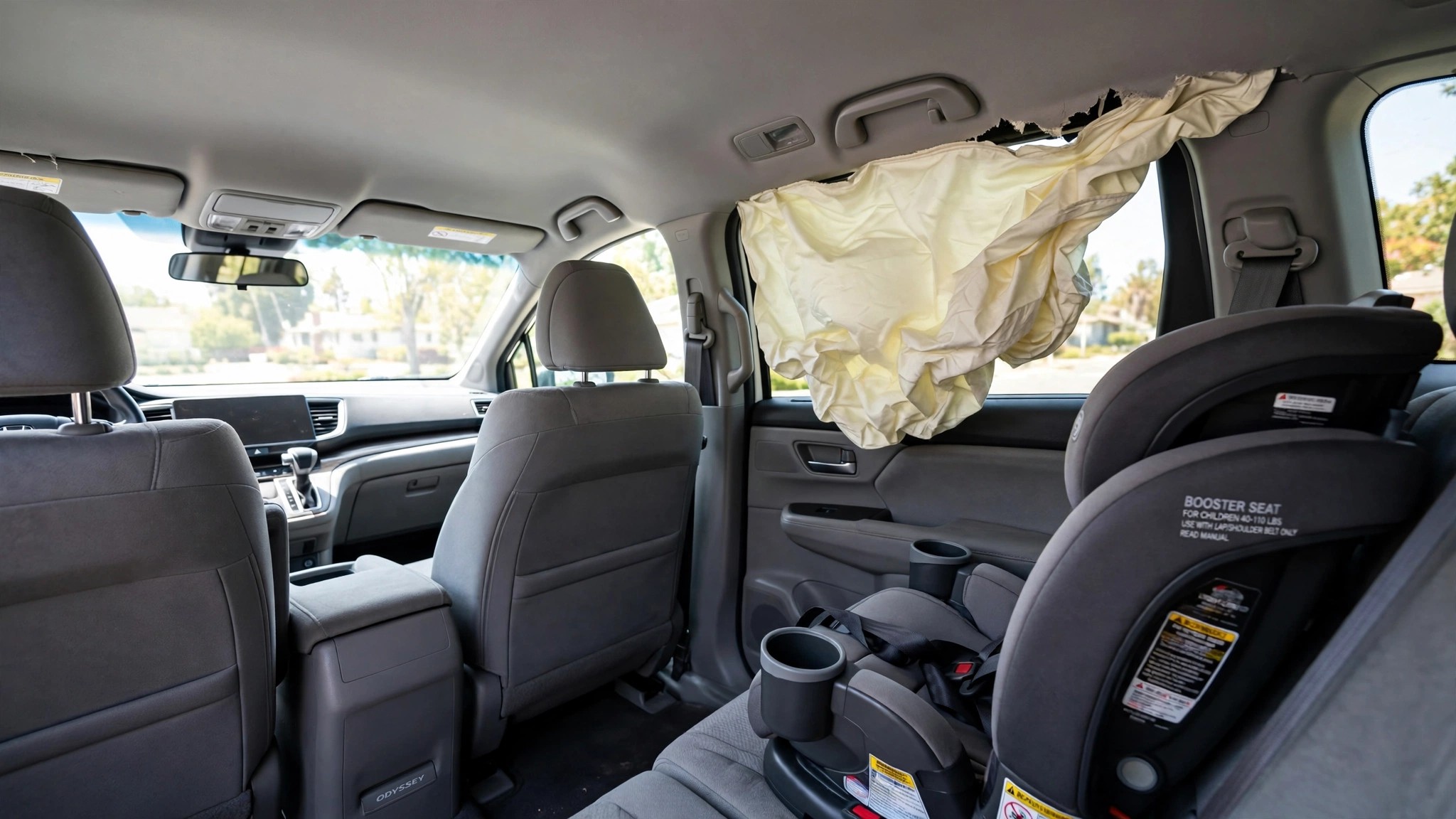 Interior of a Honda Odyssey with a deployed side curtain airbag above the second row