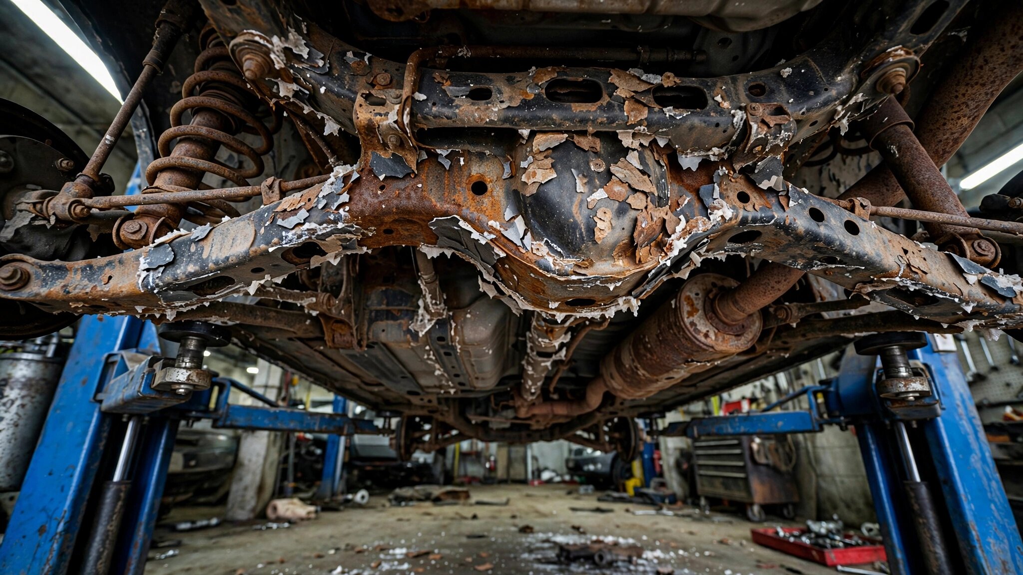 Corroded rear subframe of an SUV showing rust and paint peeling at suspension mounting points