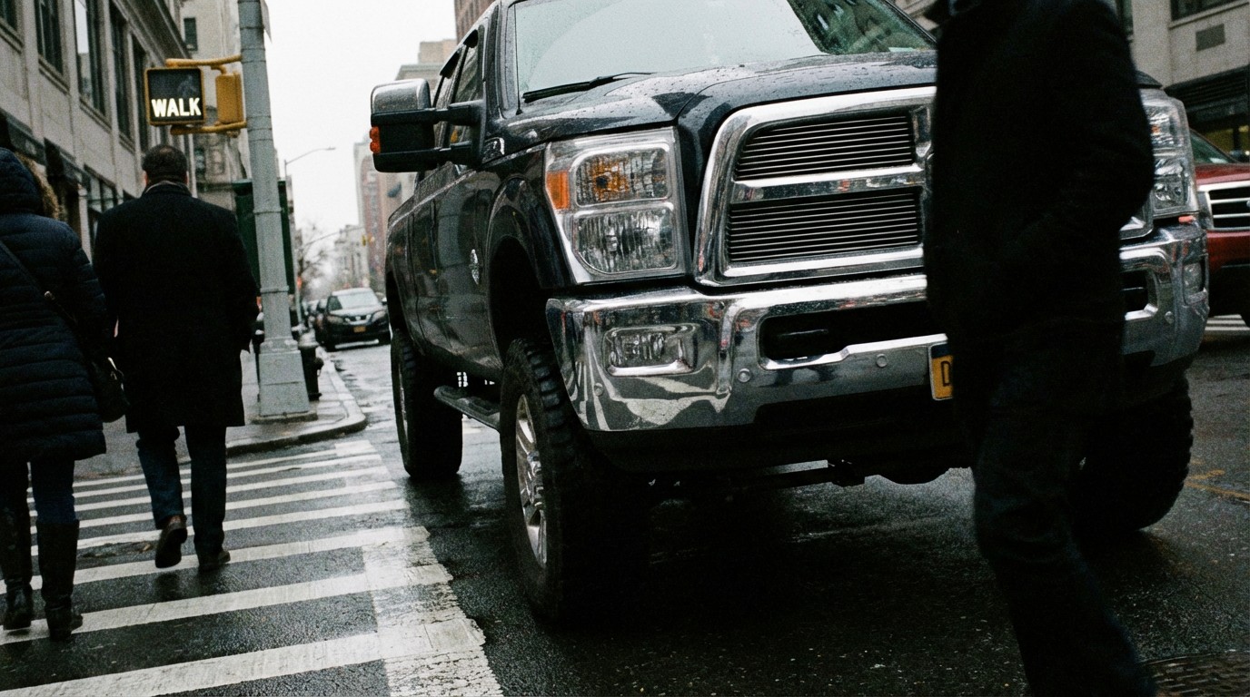 Massive pickup truck front end towering over a pedestrian crosswalk
