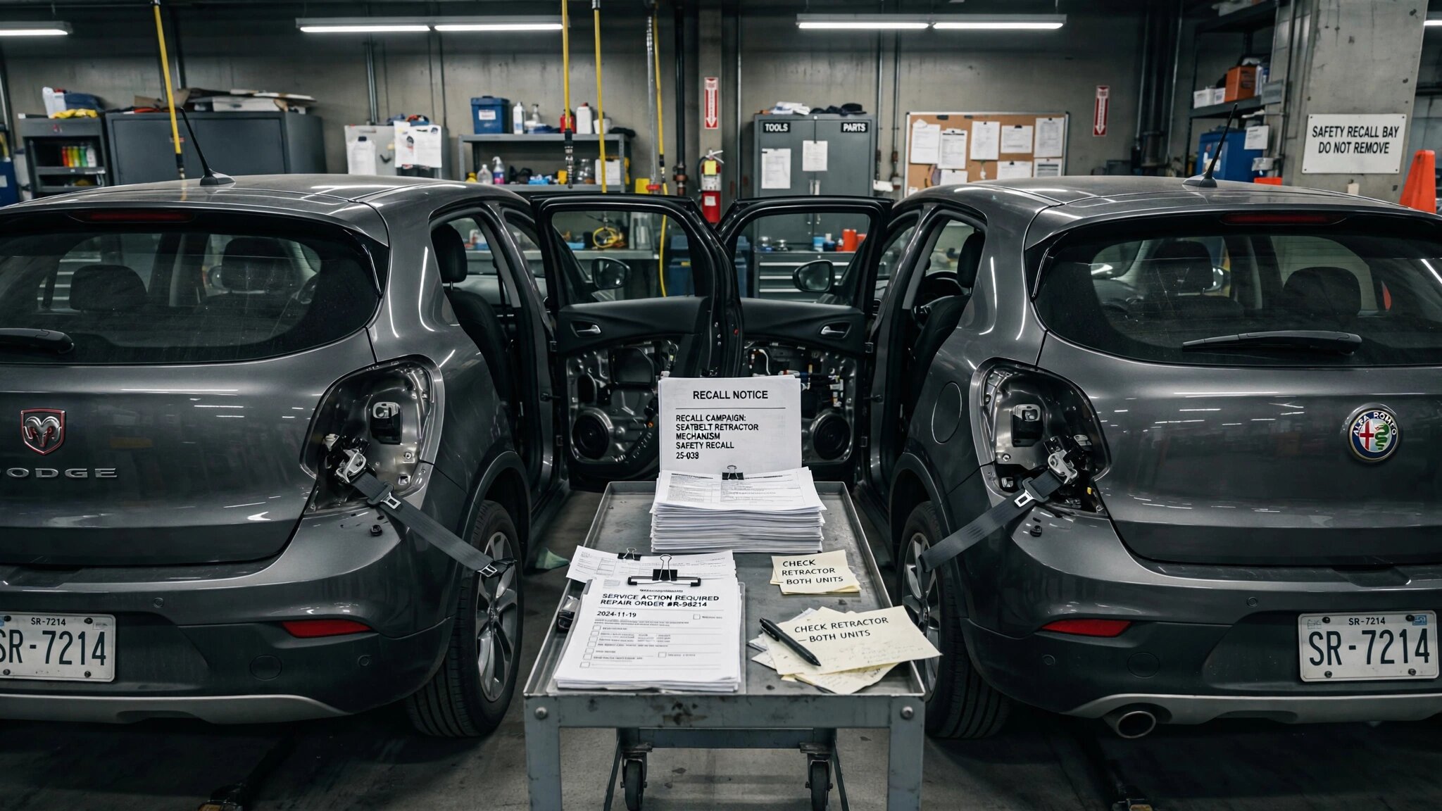 A Dodge Hornet and Alfa Romeo Tonale side by side on a factory floor with recall notices overlay
