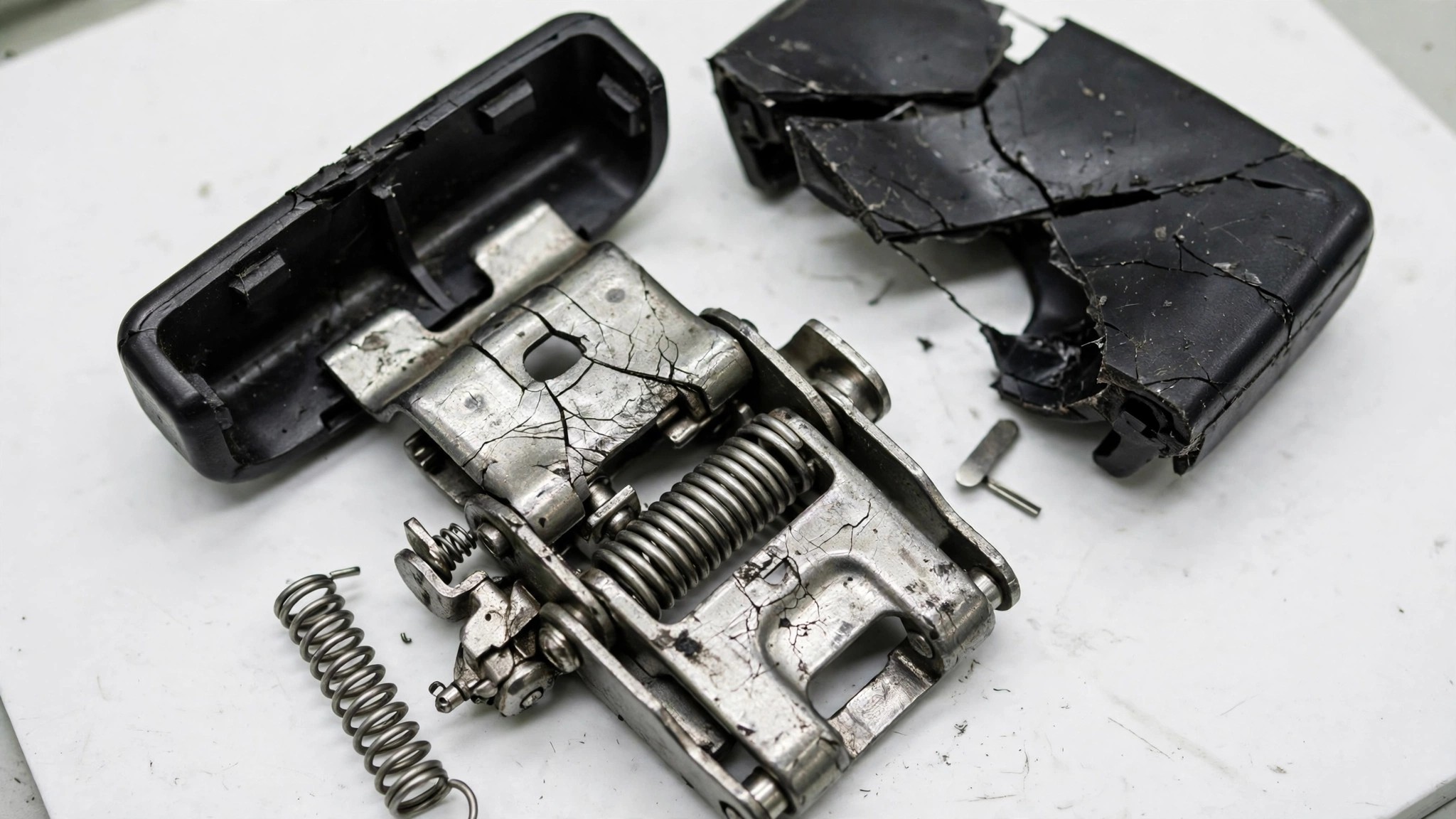 Close-up of a disassembled car seatbelt buckle mechanism on an inspection table