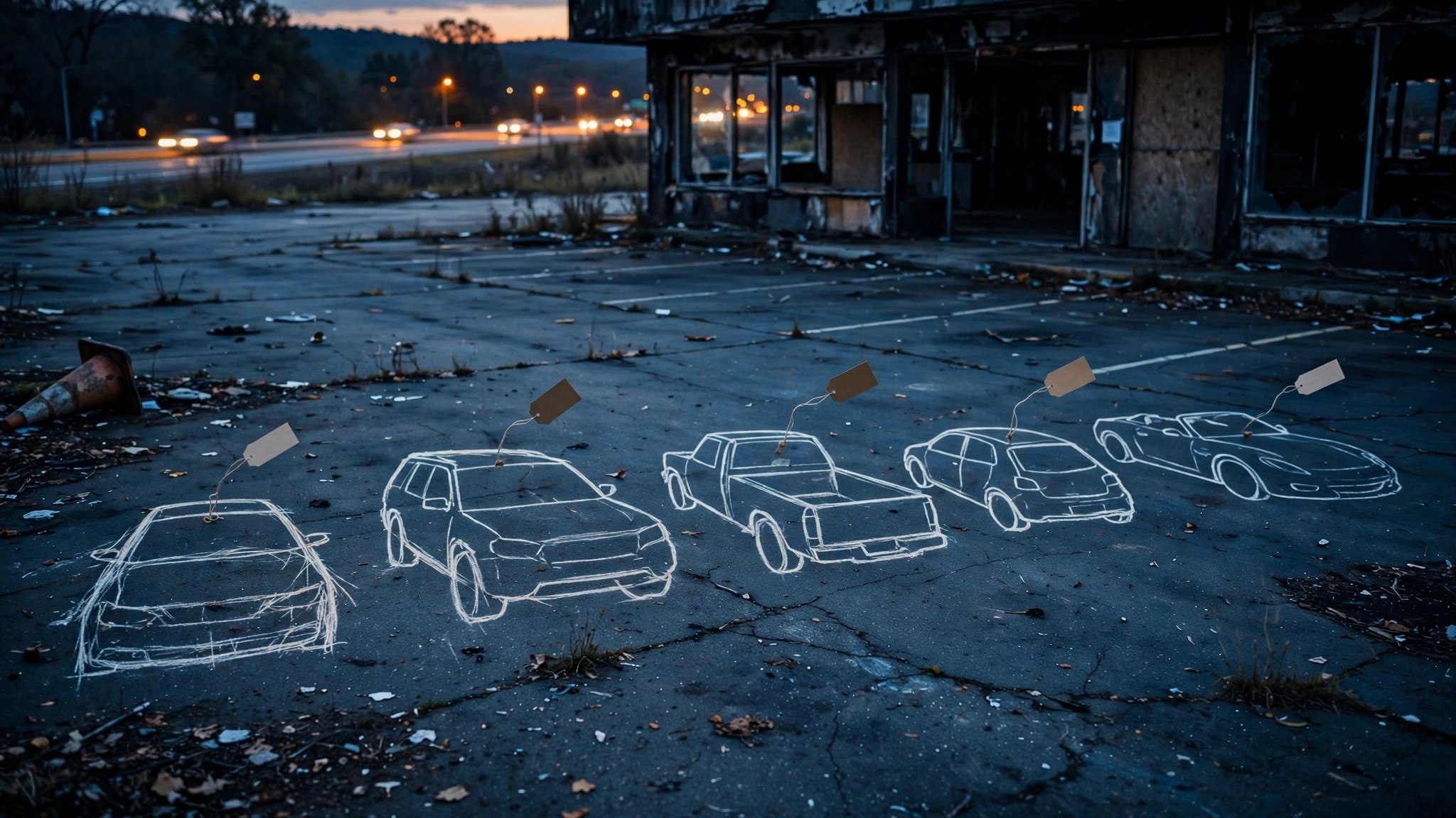 Lineup of discontinued vehicles under harsh overhead light in an empty lot