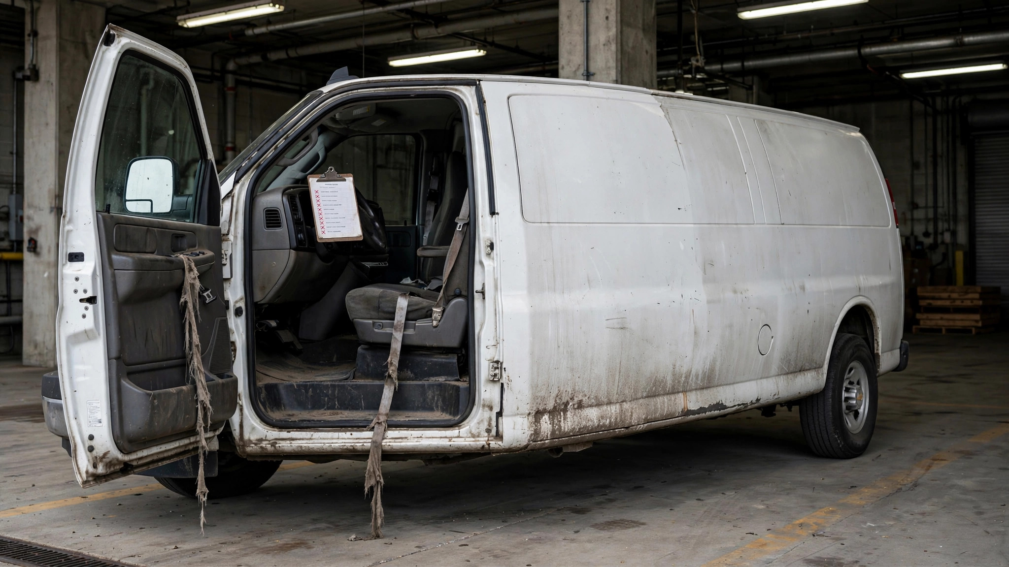 Weathered Chevrolet Express cargo van at a loading dock with frayed seatbelt