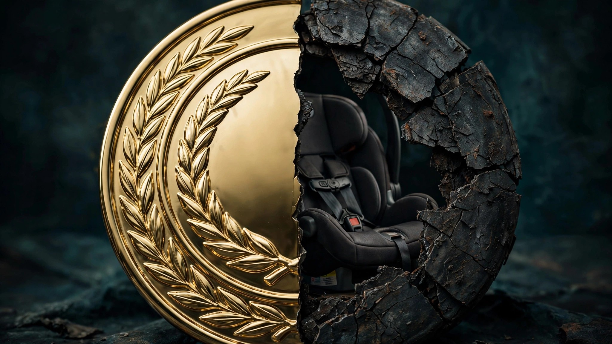 A gold safety award badge cracked down the middle revealing a child car seat