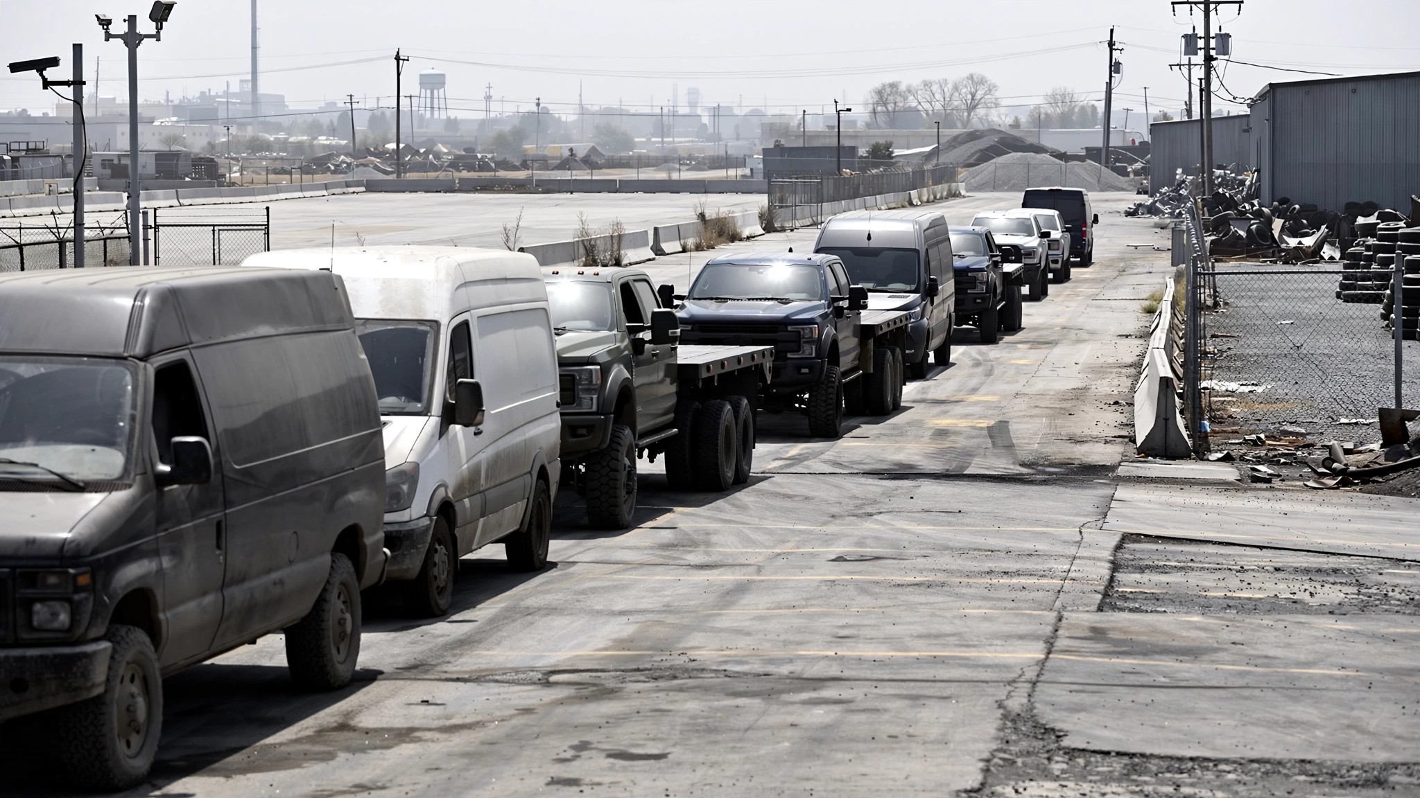 Commercial cargo vans and heavy-duty pickup trucks lined up for IIHS evaluation