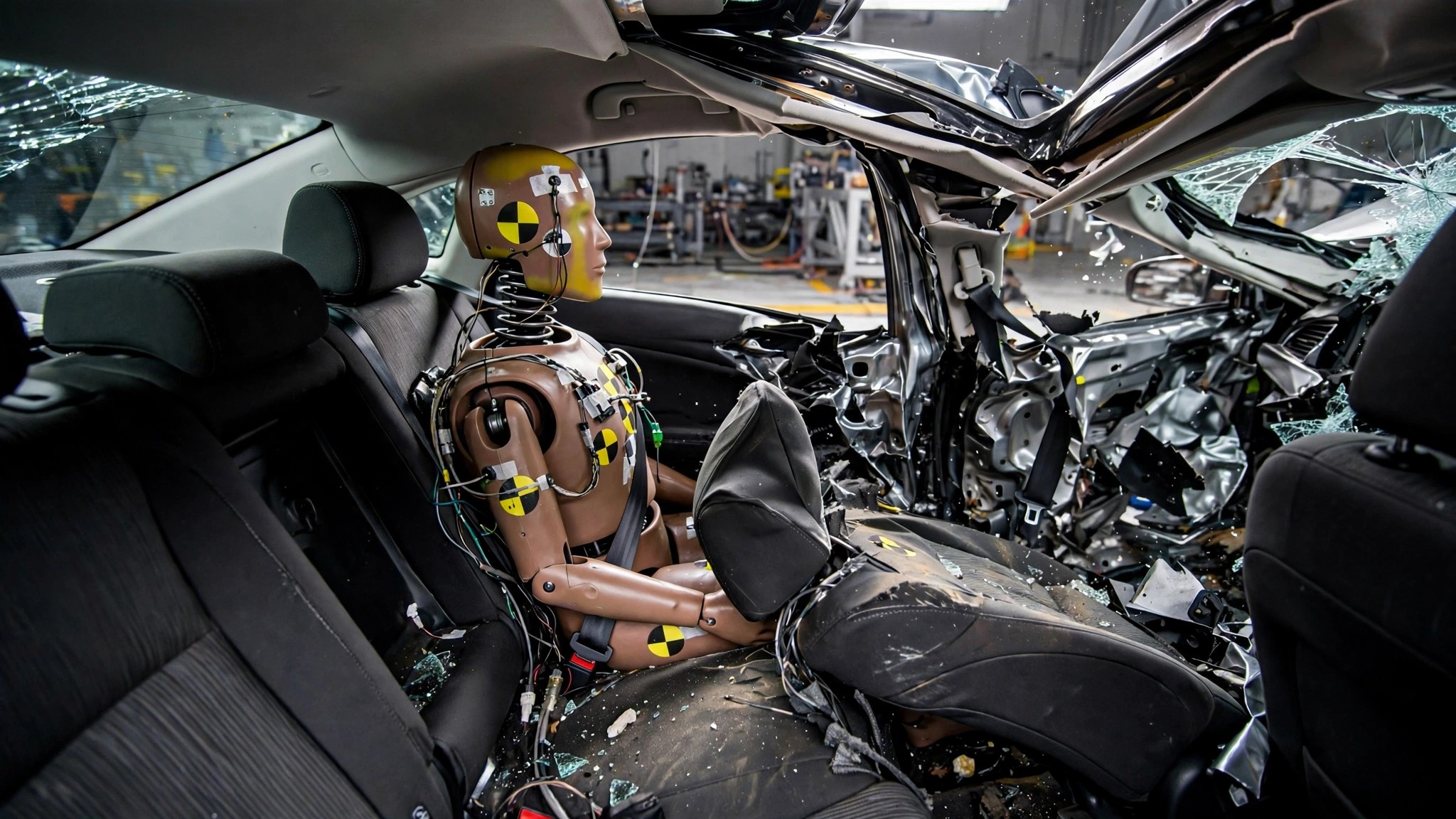 A crash test dummy seated in the rear seat of a vehicle during a frontal crash test