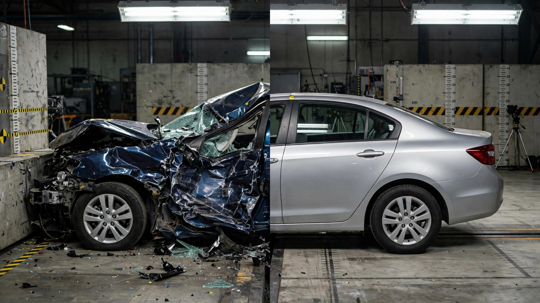 Split-frame crash test comparison showing structural failure versus intact cabin