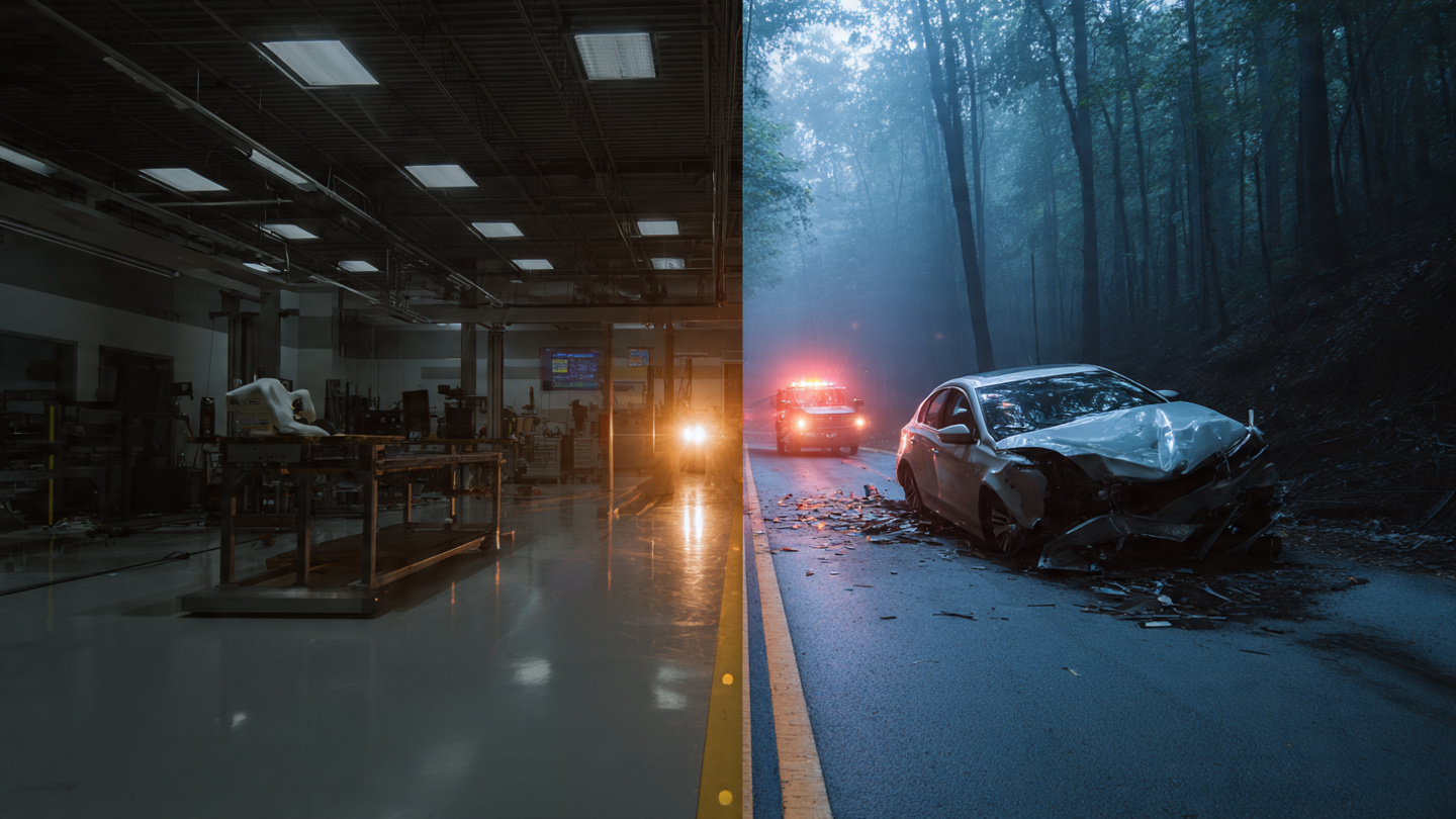 Split image of crash test lab vs real highway scene