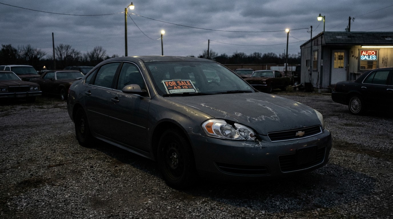 Worn Chevrolet Impala on a used car lot