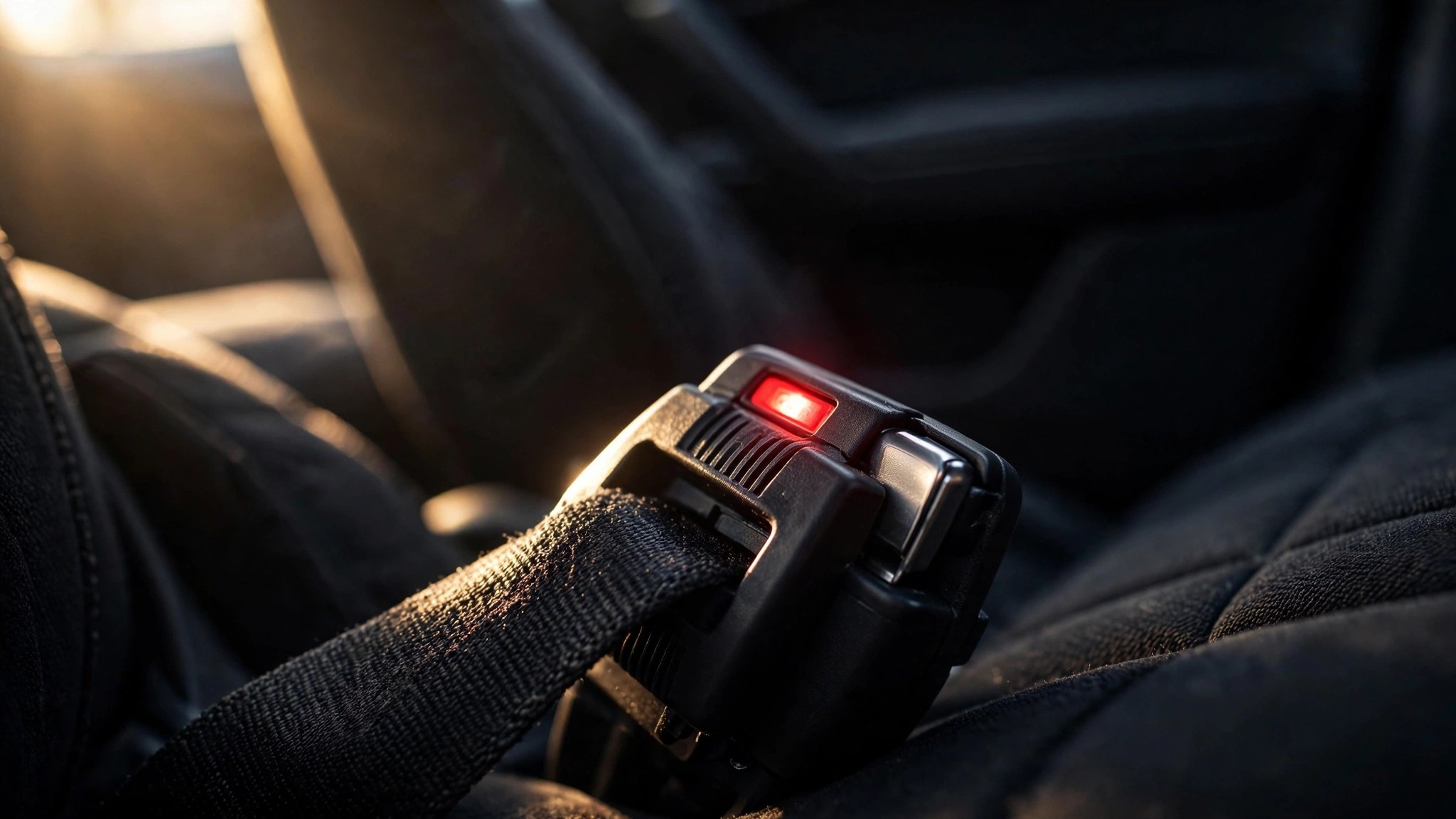 Close-up of a car seatbelt buckle mechanism