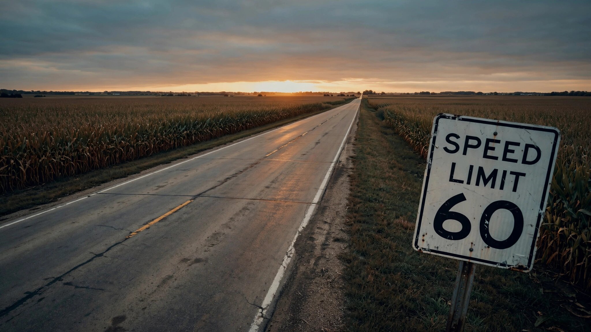 A two-lane rural highway cutting through Iowa farmland at dusk with a speed limit 60 sign