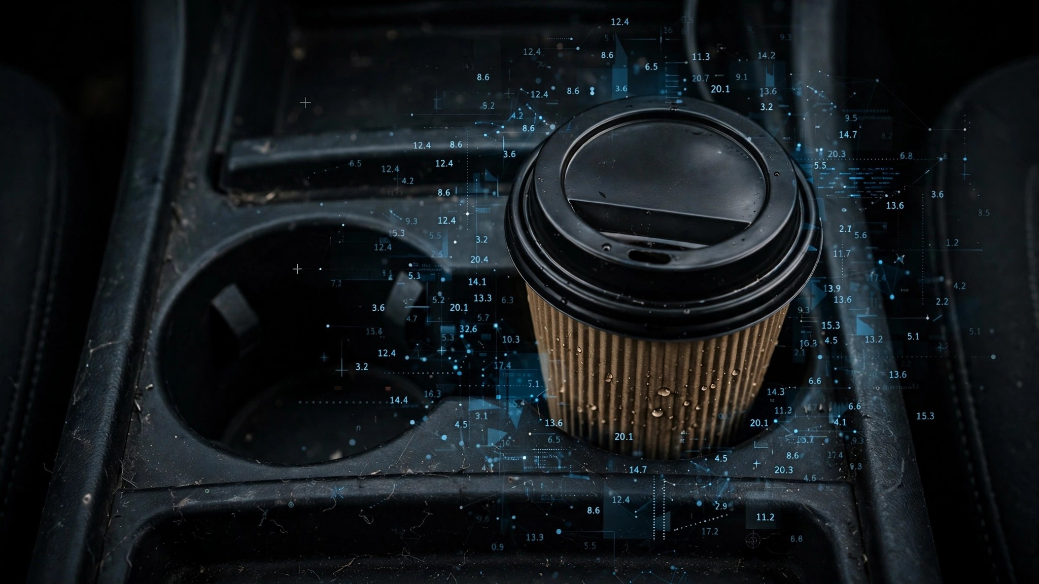 Car cup holder in dramatic lighting with data overlay