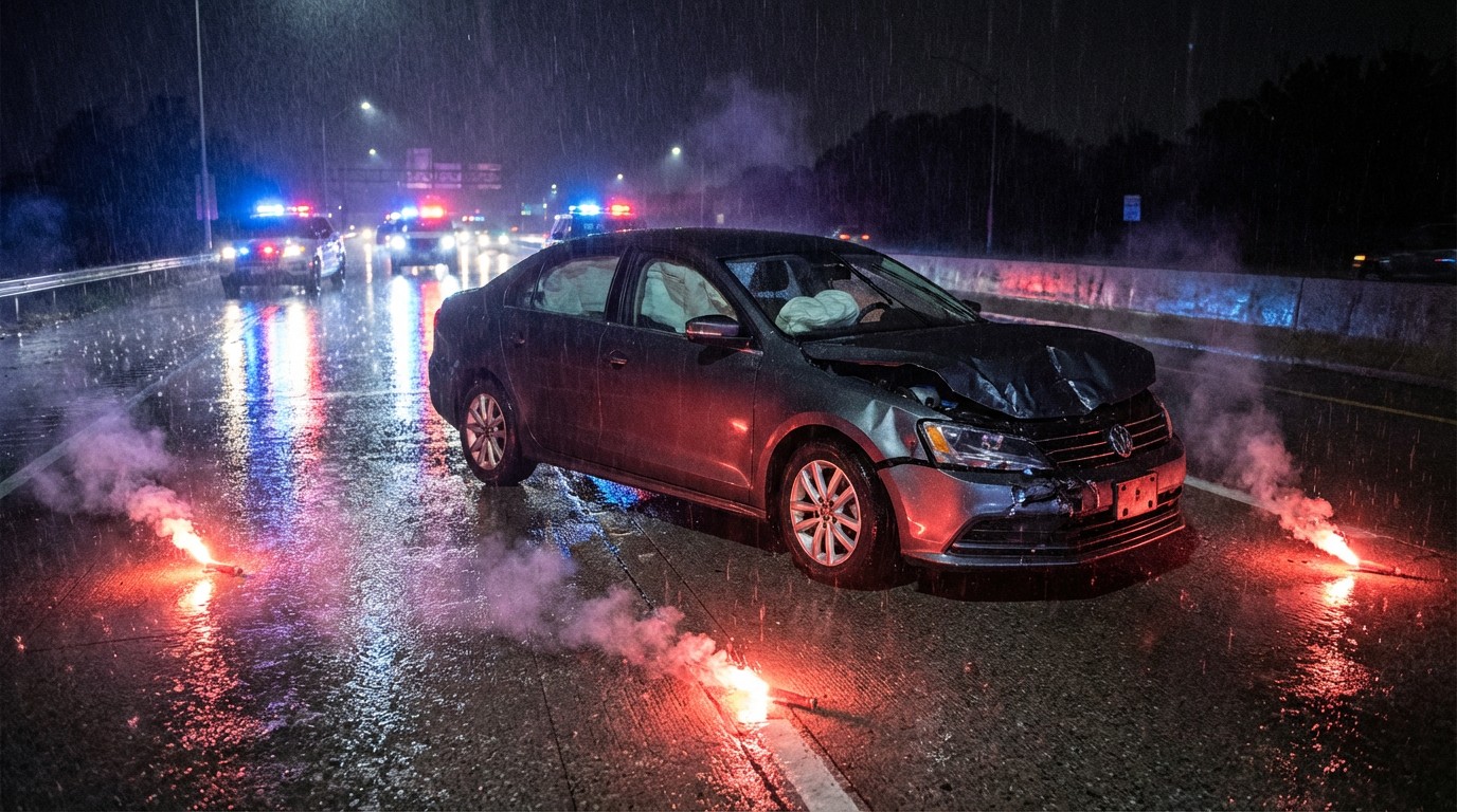 Wrecked Volkswagen Jetta on a rain-soaked highway