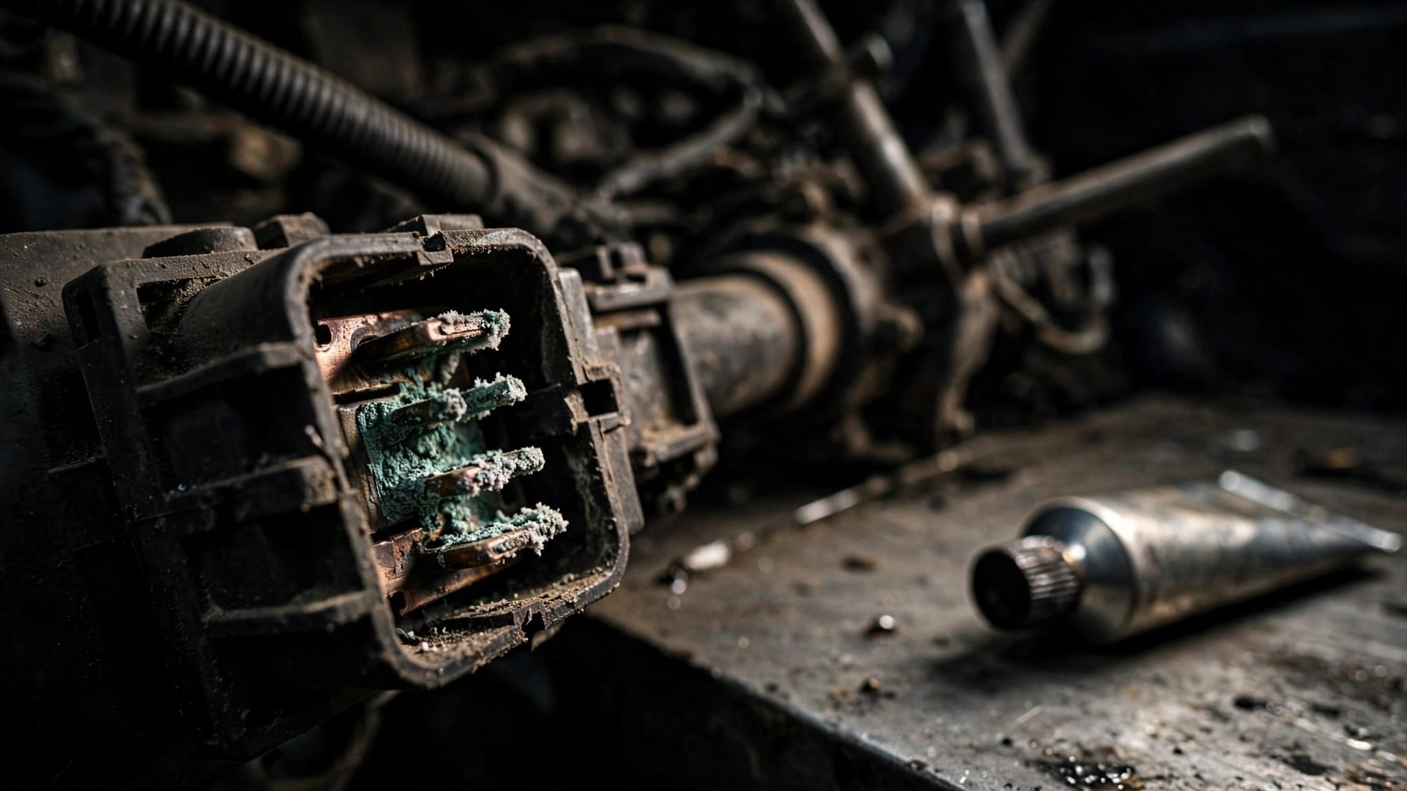 Close-up of a corroded electrical connector inside a steering column with lubricant gel