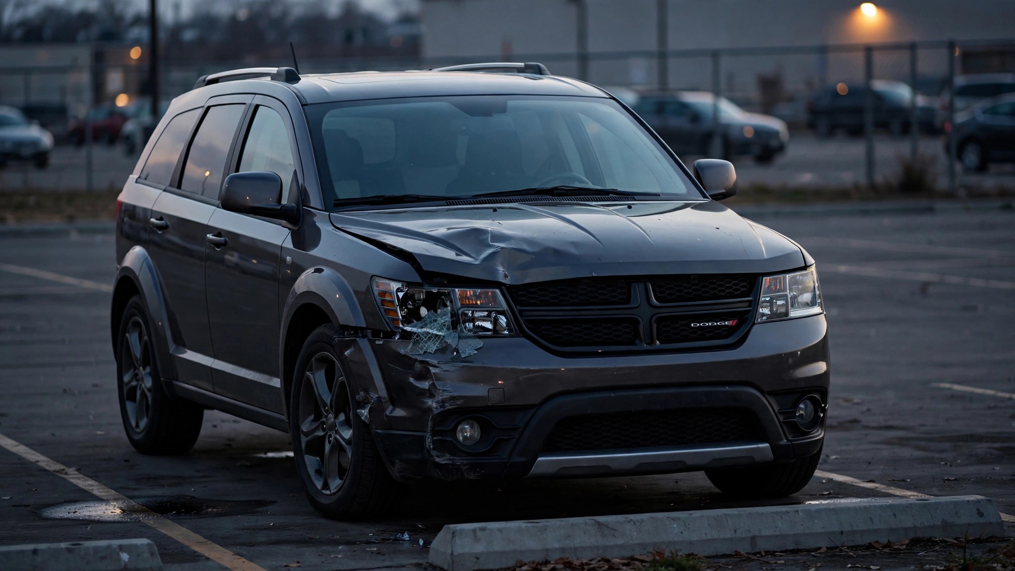 Damaged Dodge Journey crossover in a parking lot at dusk