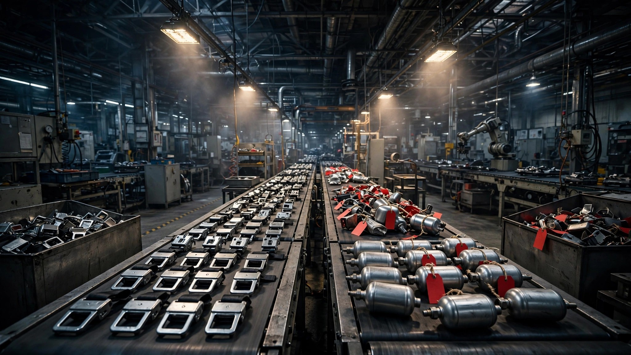 Automotive parts factory with seatbelt buckles and airbag inflators on production line
