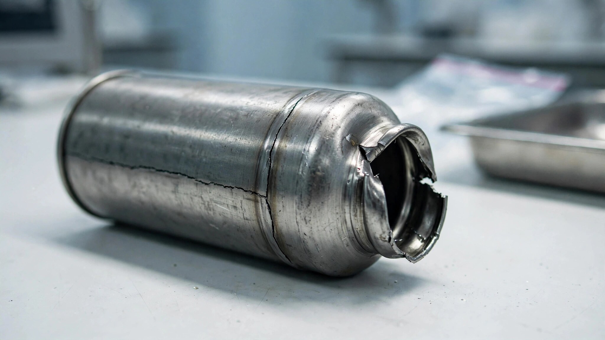 A pressurized airbag inflator canister with a hairline crack
