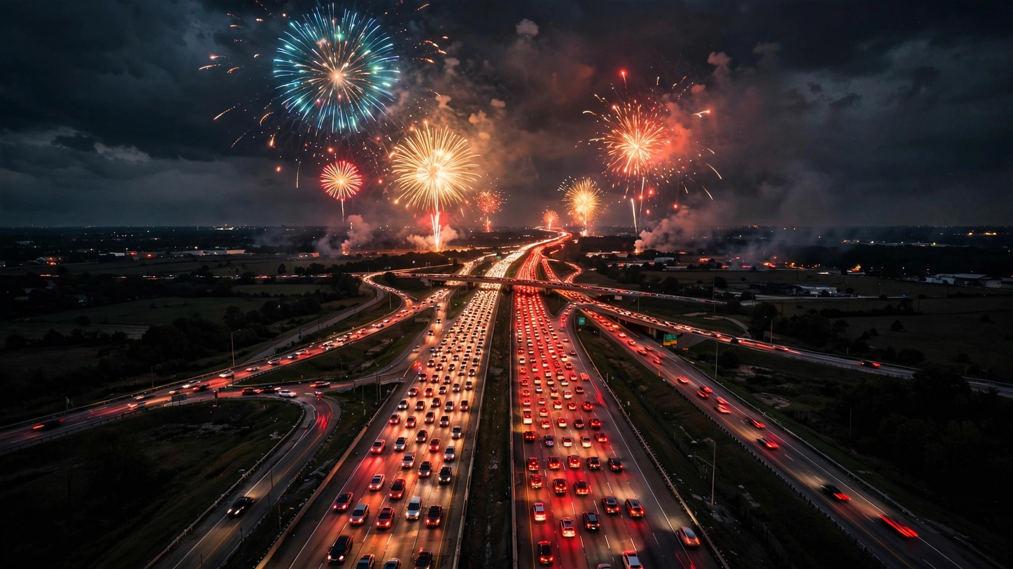 Aerial view of highway traffic at night with fireworks overhead