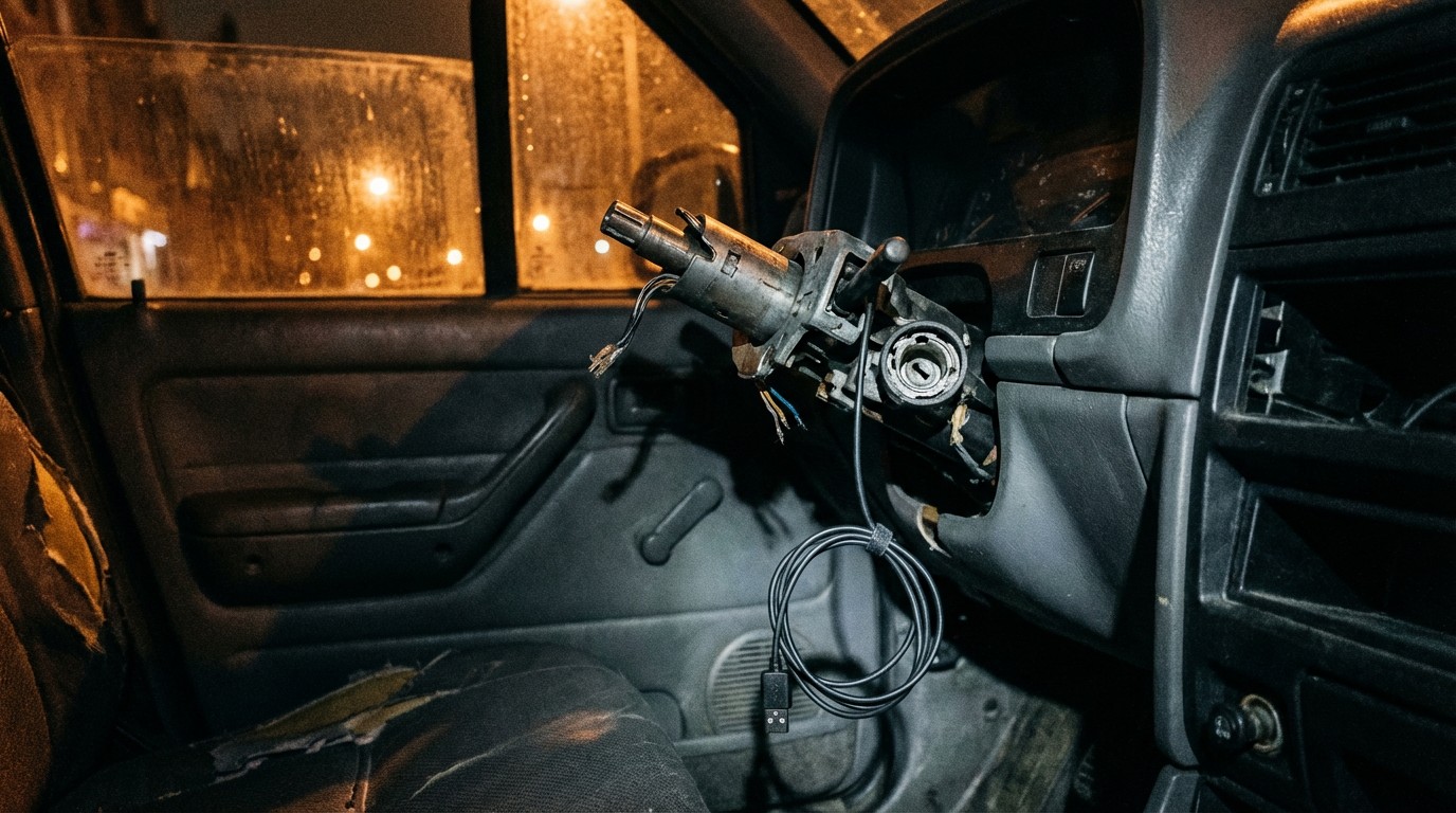 Broken steering column of a stolen Kia with USB cable dangling from ignition