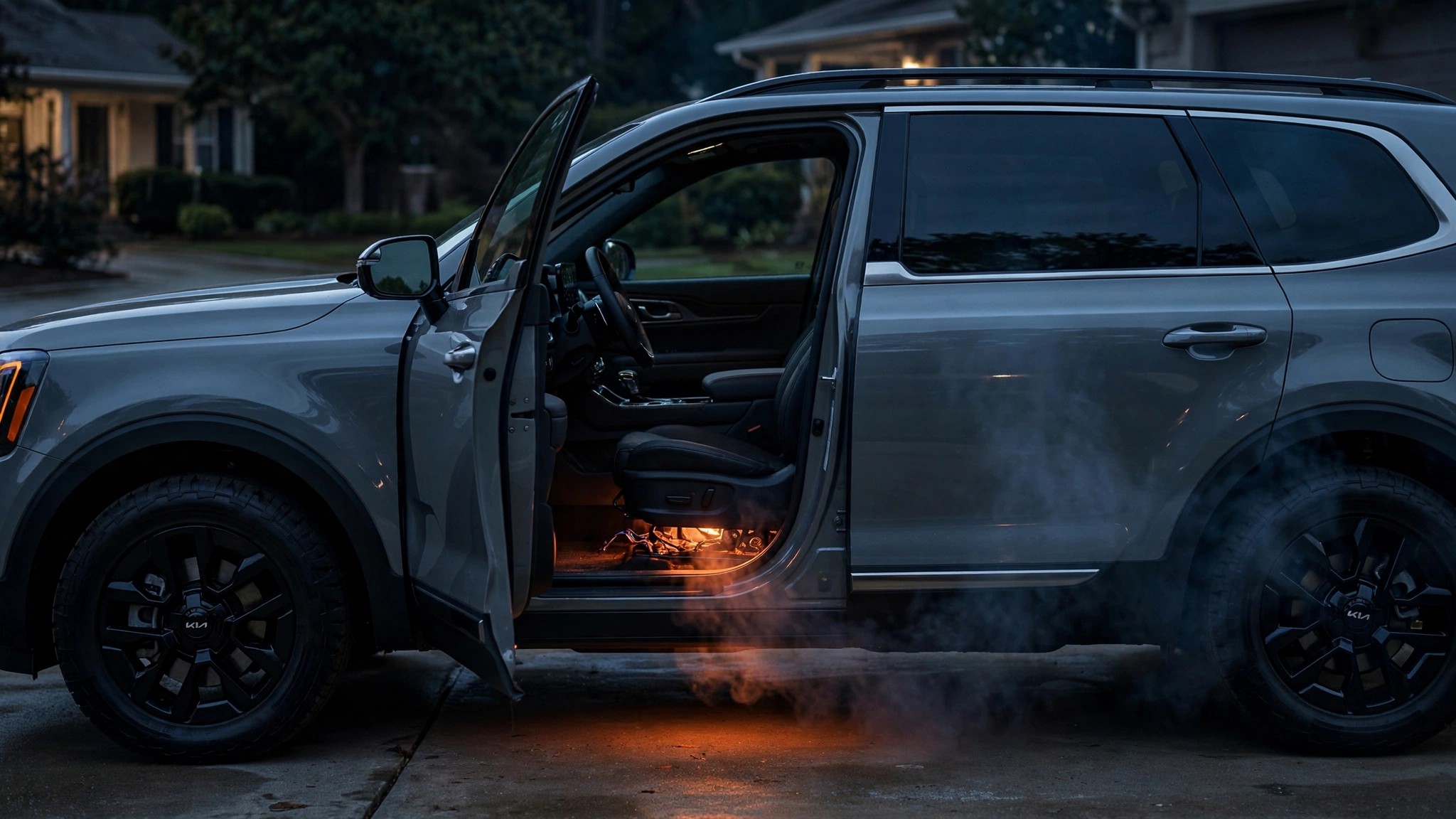 A Kia Telluride SUV with smoke rising from beneath the front seat