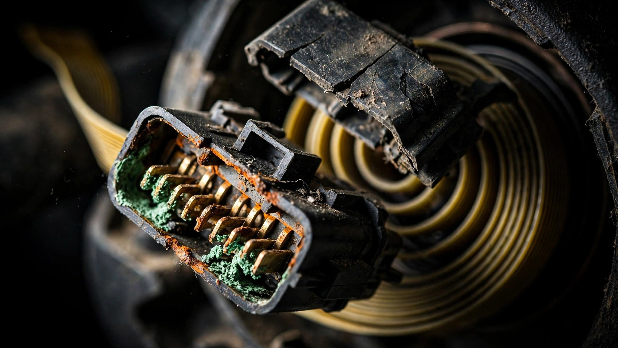 A corroded clockspring connector terminal under magnification, green oxide deposits visible on gold-colored pins