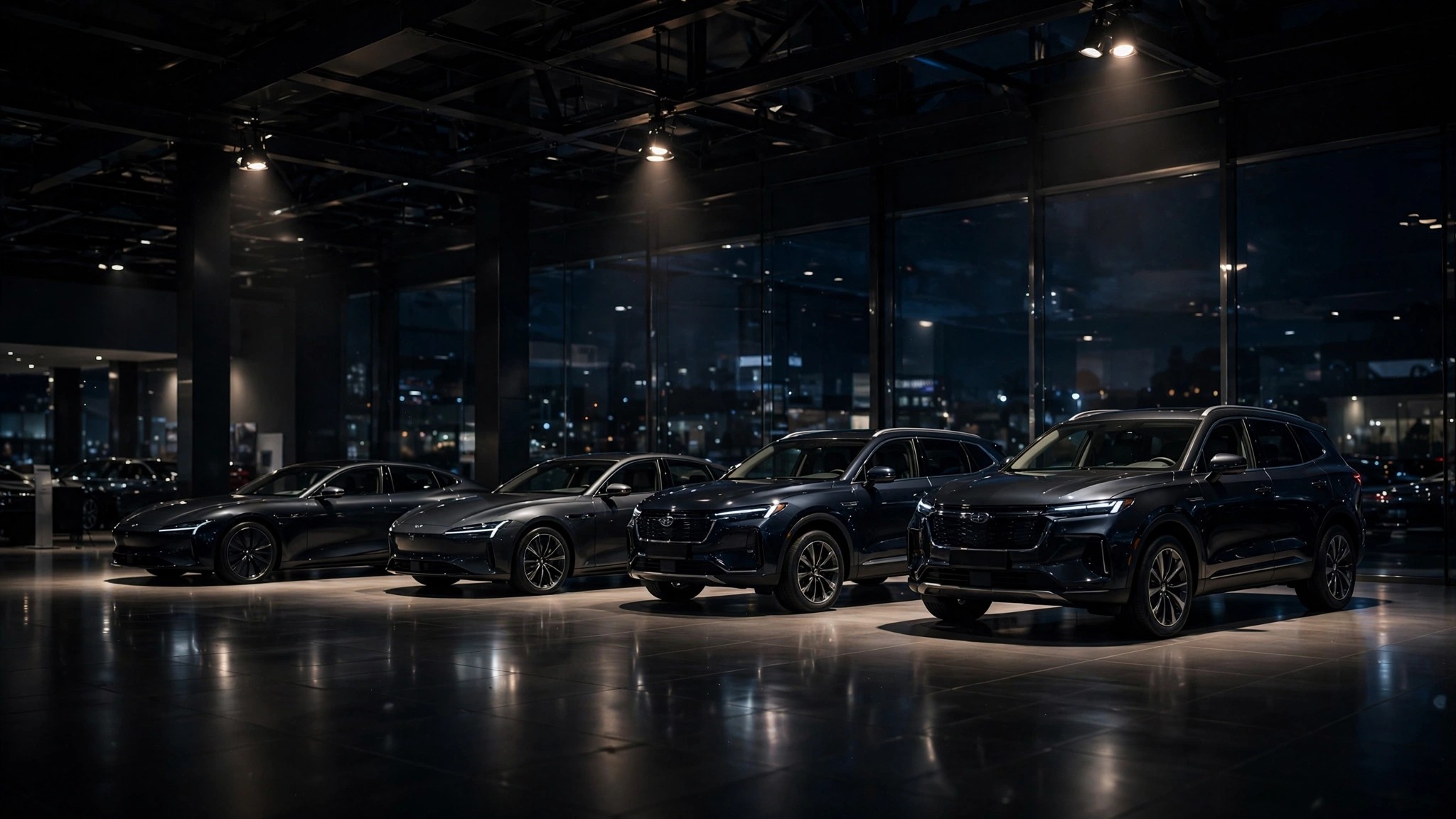Lexus sedan and SUV lineup in showroom lighting
