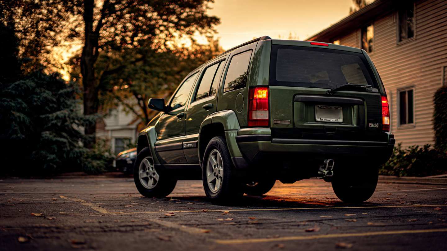 A 2005 Jeep Liberty KJ from behind, with a Class II trailer hitch visible bolted to the frame below the bumper