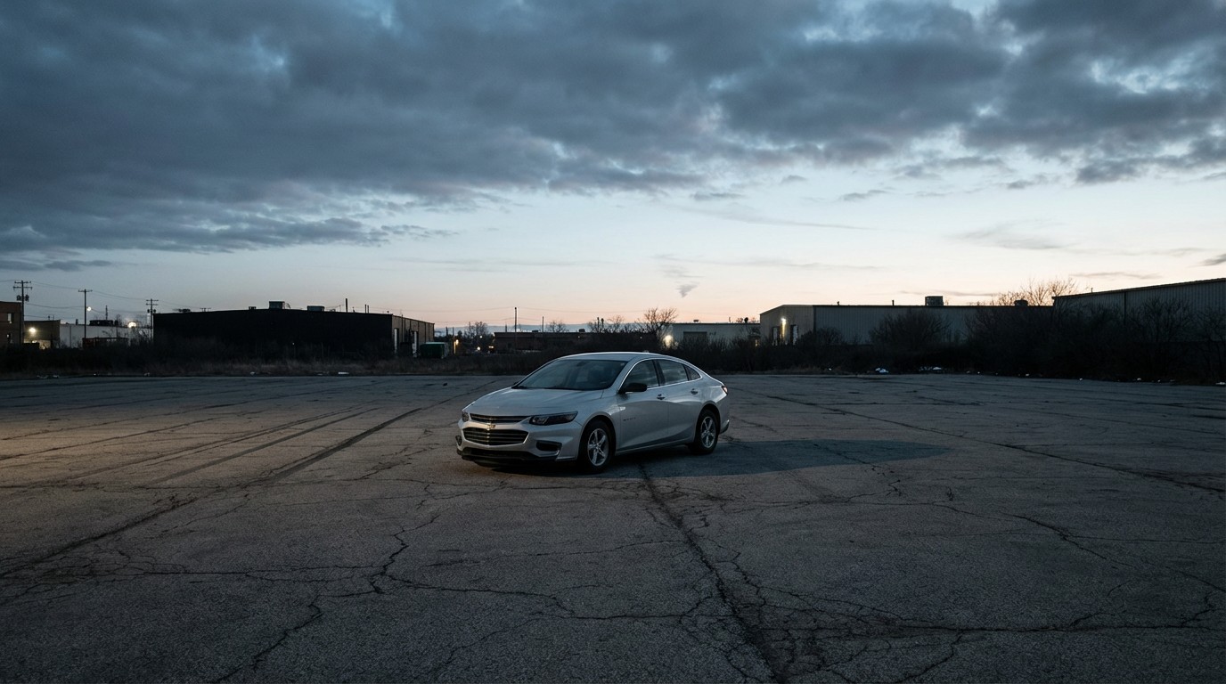 A silver Chevrolet Malibu parked alone in an empty lot