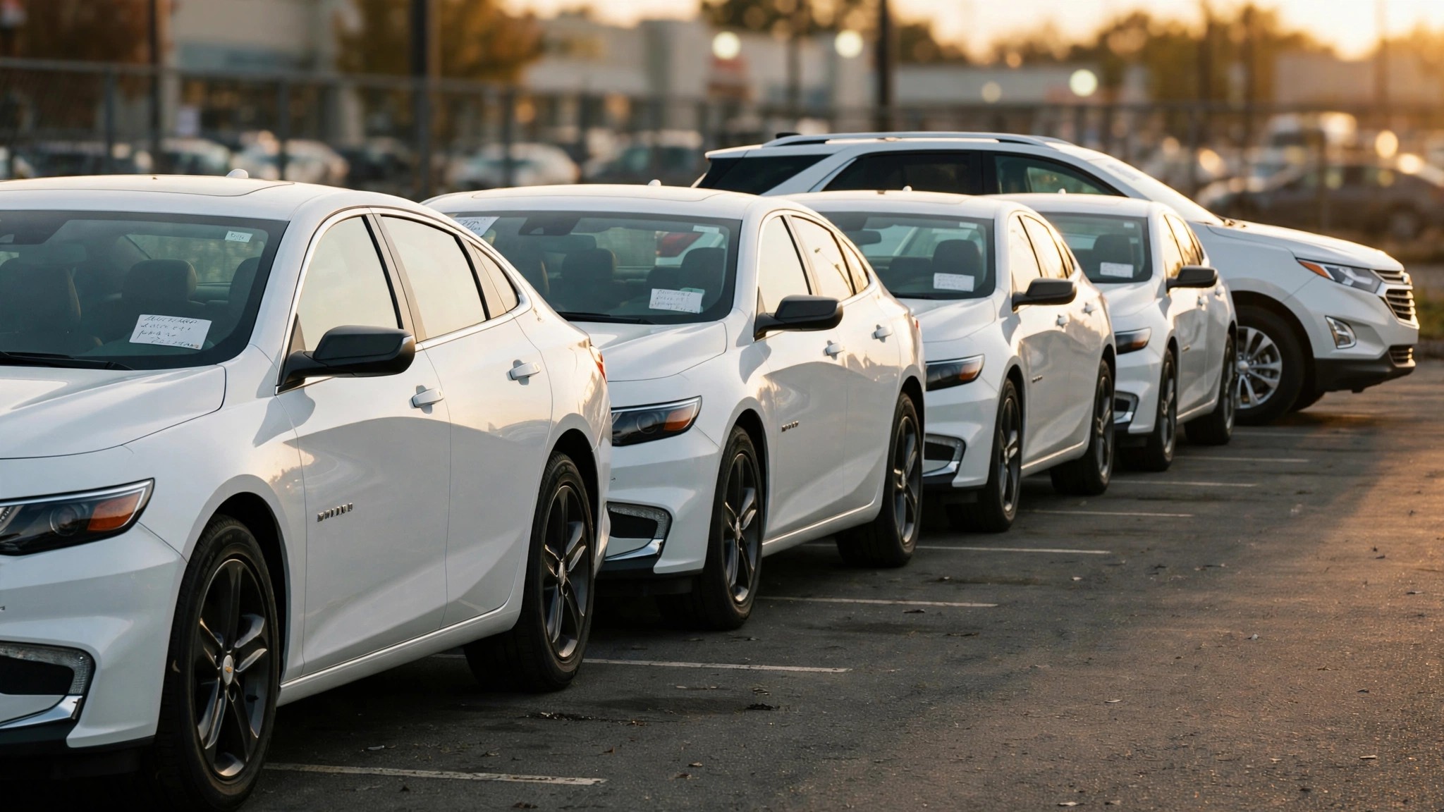 Rows of sedans on a used car lot
