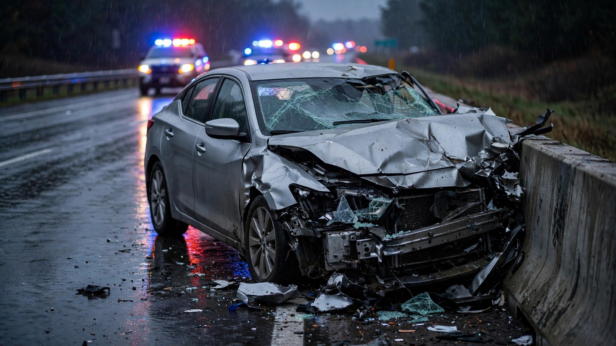 A crashed Nissan Maxima on a dark highway