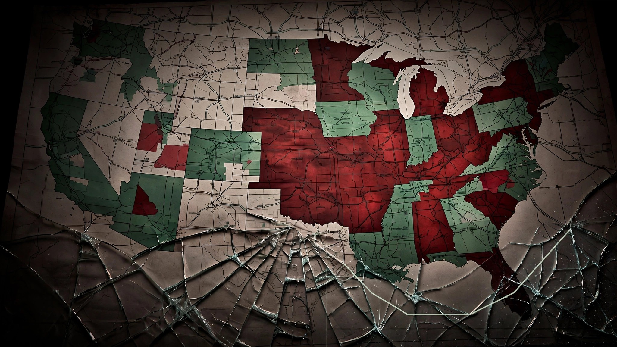 Dark map of US states showing traffic death trend divergence