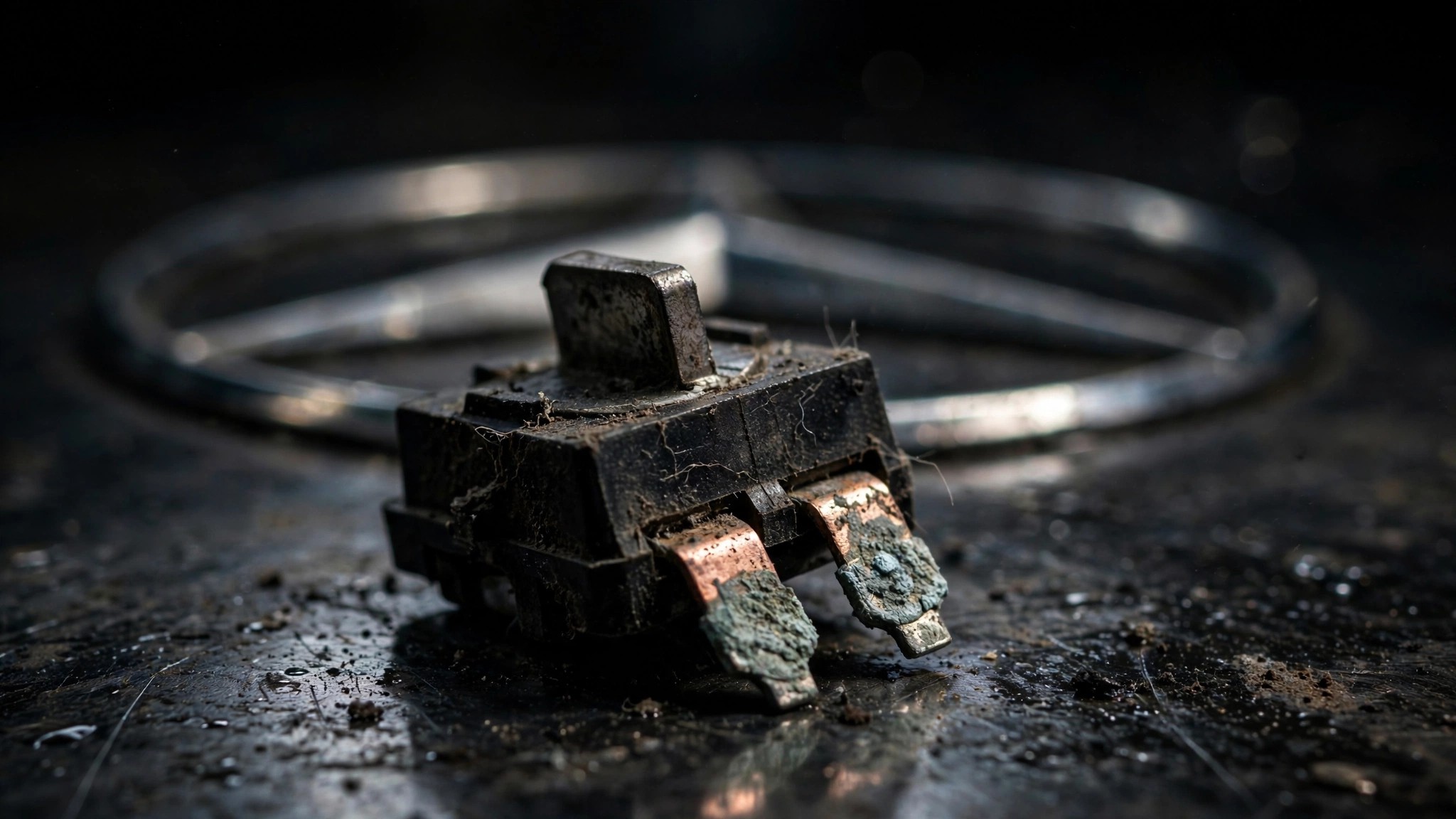 Close-up of a corroded micro-switch component against a dark metallic surface