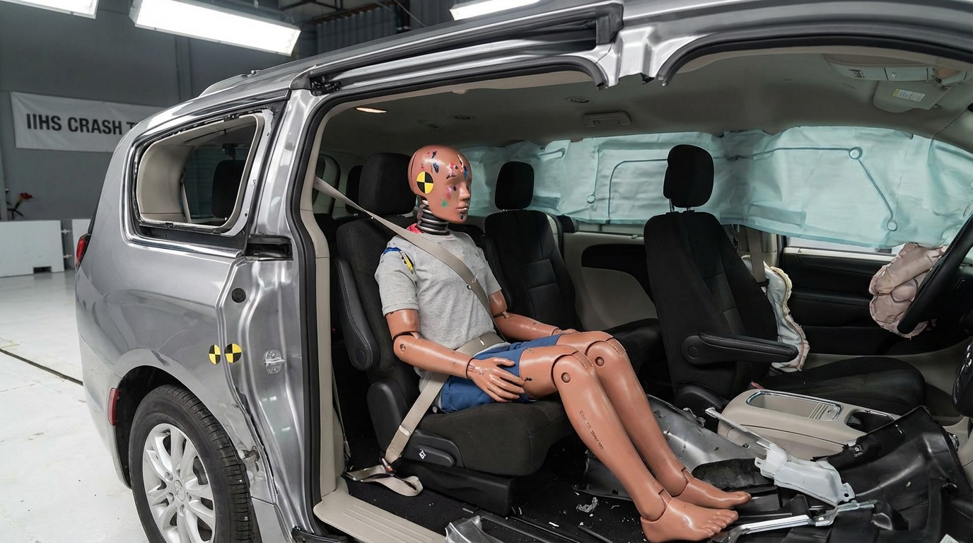 IIHS crash test showing rear-seat dummy in a minivan moderate overlap test