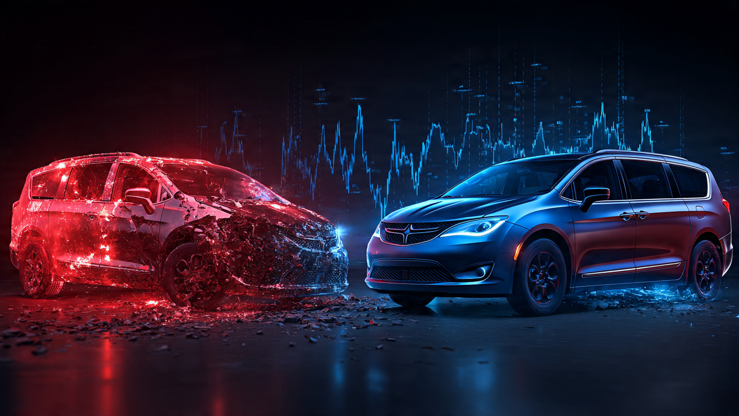 Contrasting silhouettes of two minivans side by side, one fractured and broken apart, the other intact, against a stark data-chart background