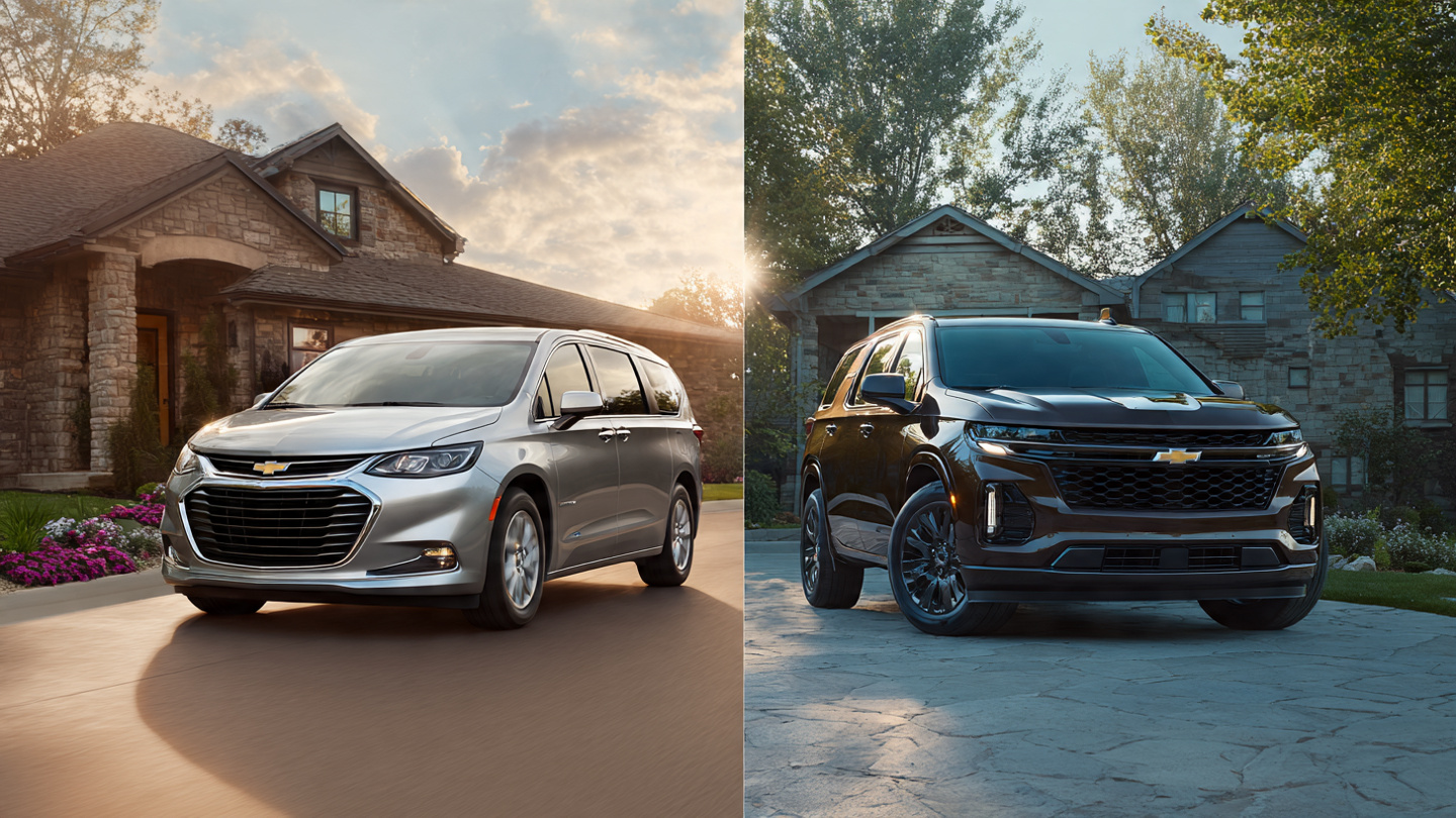 Split-screen comparison of a minivan and SUV with safety statistics