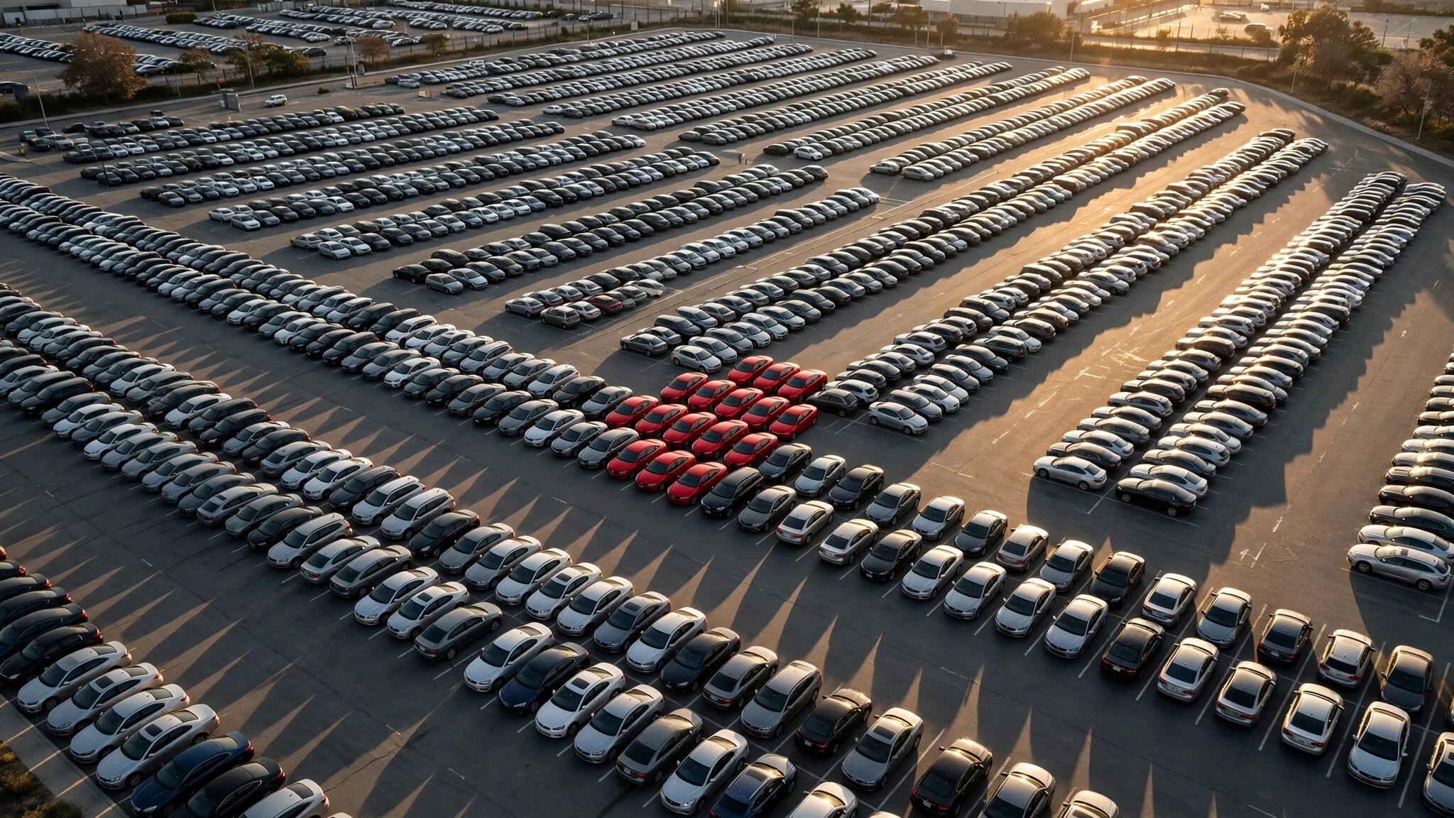 Vast parking lot with a cluster of vehicles highlighted in red representing excess deaths from consumer choice