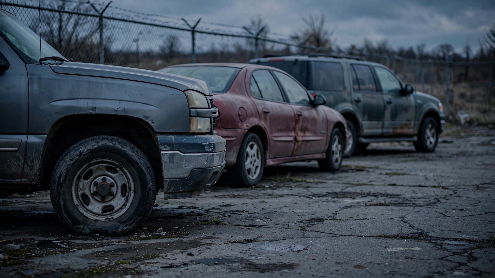 A desolate used car lot at dusk with worn early-2000s American trucks and sedans