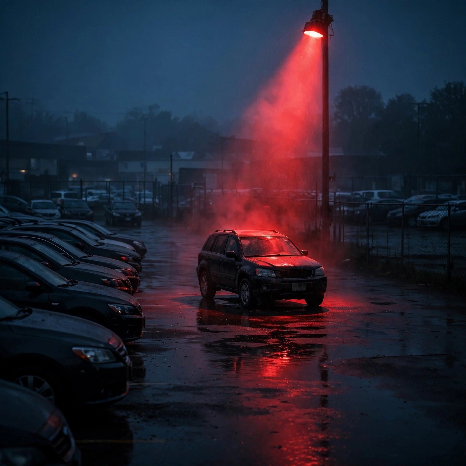 A row of used cars on a dealer lot with one dramatically spotlit in red