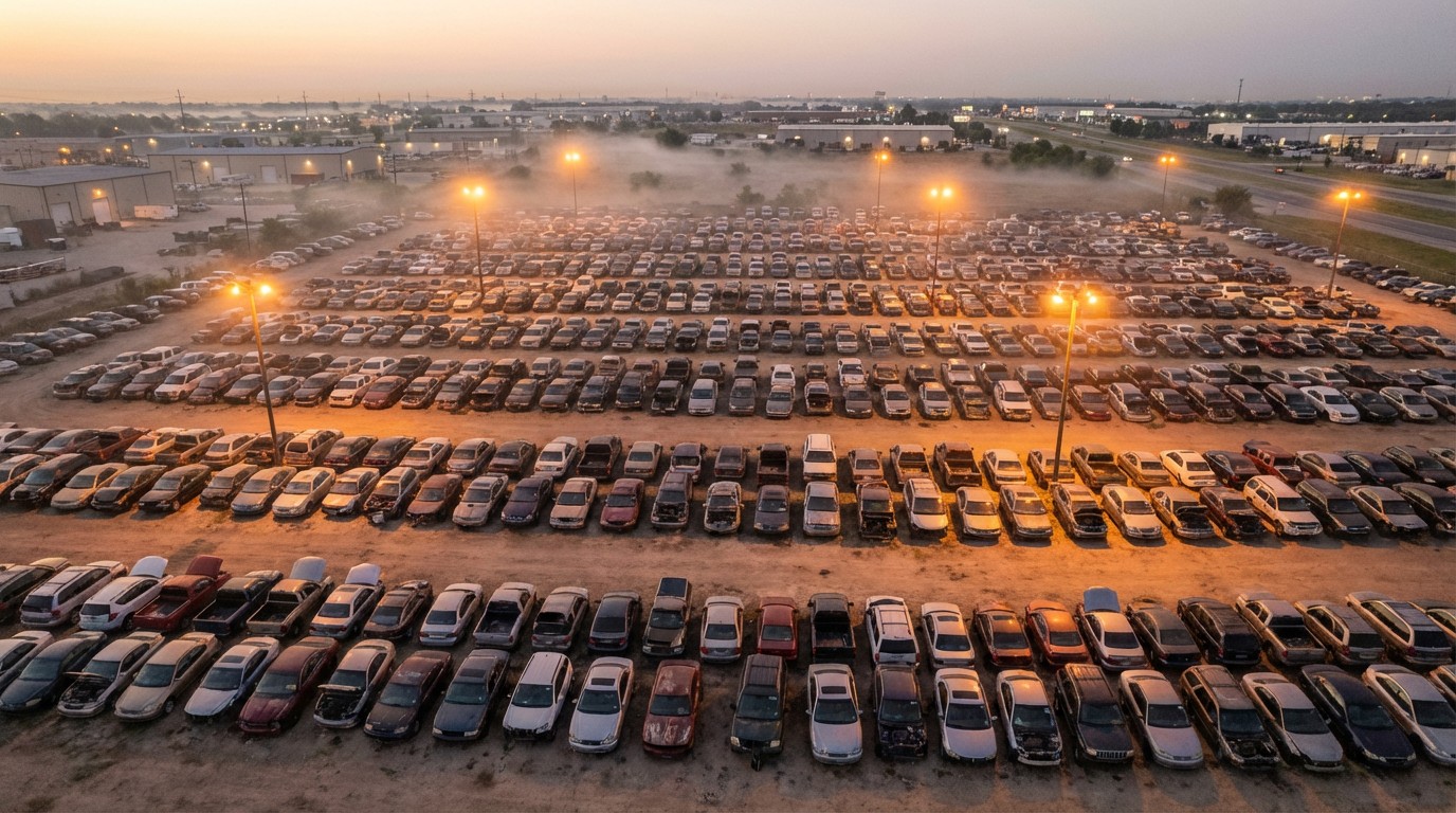 Aerial view of a sprawling used car lot at dusk