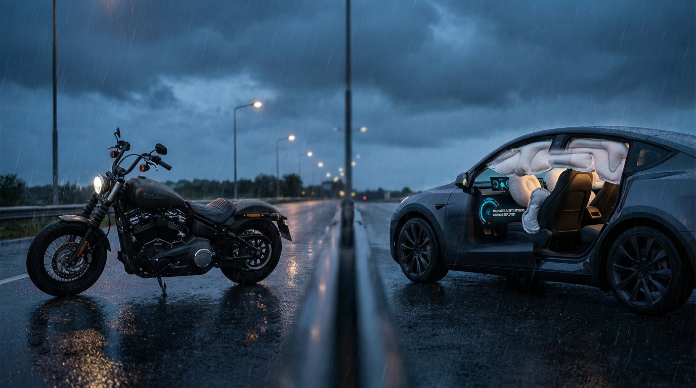 Split highway with car surrounded by safety tech on one side and exposed motorcycle on the other